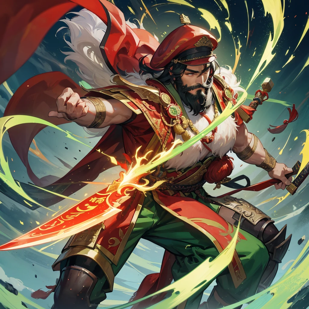 divinity无敌大将军，China，Guan Yu，divinity，myth，Powerful，male，Bearded，Red skin，Light in the eyes，thunder，Green clothes，muscle，Holding a big knife，myth，Gods