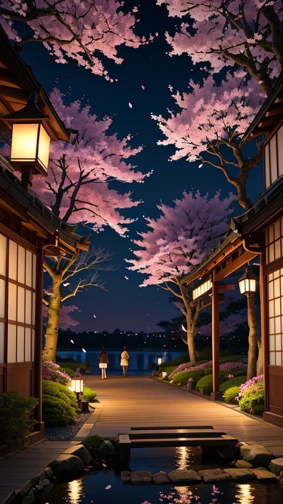 満開の桜のwoodに囲まれた静かな川の絵のようなシーン。The branches arch over the water.、Creating a natural canopy。川は緑の芝生の土手と伝統的なwood製の柵で縁取られています。wood々The soft ambient lighting of the lanterns hanging between the windows bathes the scene in a warm glow.、The light reflects on the water surface、Fallen cherry blossom petals are scattered here and there。The sky has a gradation of twilight colors.、It casts a gentle purple and pink glow over the landscape.。Several people々Strolling along the path、Enjoying the quiet atmosphere and the beauty of the cherry blossoms。The overall atmosphere of the image is peaceful and inviting.、It captures the essence of a Japanese spring evening.。
