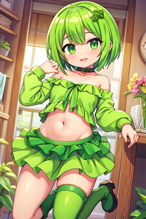 20 year old girl, chica sexy, green hair, short hair, green eyes, Short skirt, green skirt, Small strapless blouse, Short blouse up to the abdomen, Blouse sin Olanes, green blouse, Green long sleeves, Blouse that shows the shoulders, Sin collar, Shows the navel, green boots, that is on its back, happy expression