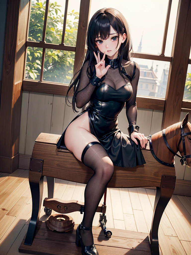 ((((Best Quality, 8K, 32K, masterpiece, 1.2)))),{{solo}},,{{{Artist: GirlfriendMix's style}}},((perfect beautiful face:1.2)), slender body, wearing gothic dress, wearing fishnet tights, , ((wooden horse, riding on top of wooden horse:1.2)),((peeing, leaking  from :1.1)), embarrassed, endure of pain,