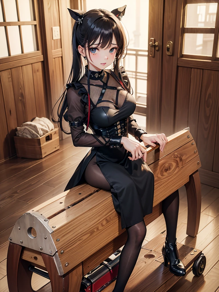 ((((Best Quality, 8K, 32K, masterpiece, 1.2)))),{{solo}},nsfw,{{{Artist: GirlfriendMix's style}}},((perfect beautiful face:1.2)), slender body, wearing gothic dress, wearing fishnet tights, bdsm, ((wooden horse, riding on top of wooden horse:1.2)),((peeing, leaking pee from pussy:1.1)), embarrassed, endure of pain,