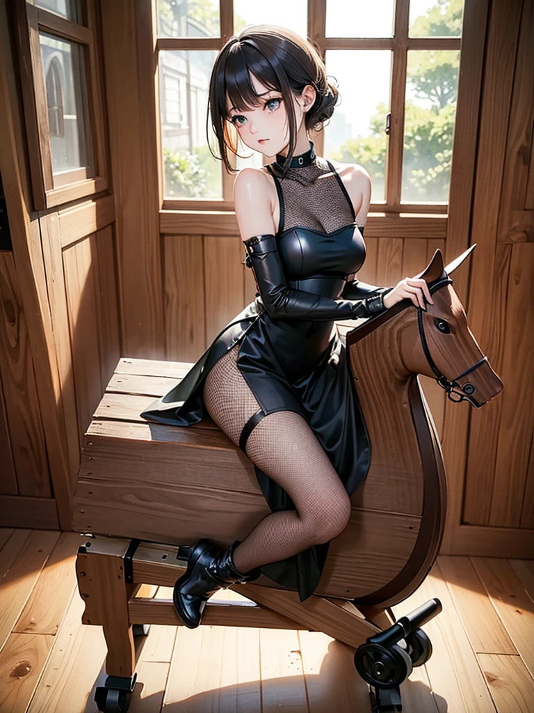 ((((Best Quality, 8K, 32K, masterpiece, 1.2)))),{{solo}},nsfw,{{{Artist: GirlfriendMix's style}}},((perfect beautiful face:1.2)), slender body, wearing gothic dress, wearing fishnet tights, bdsm, ((wooden horse, riding on top of wooden horse:1.2)),((peeing, leaking pee from pussy:1.1)), embarrassed, endure of pain,