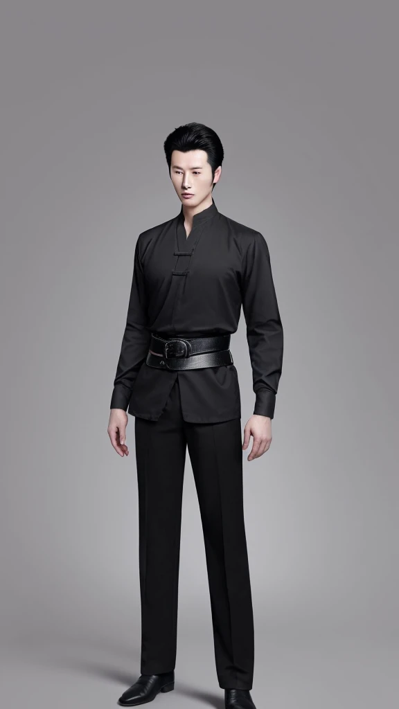 A Korean man,age 25,Cao Cao,1.80 tall,black hair in Comma hair style,skin fair,eyes black,with a black blouse,black belt and black pants,with a jacket on your arm.