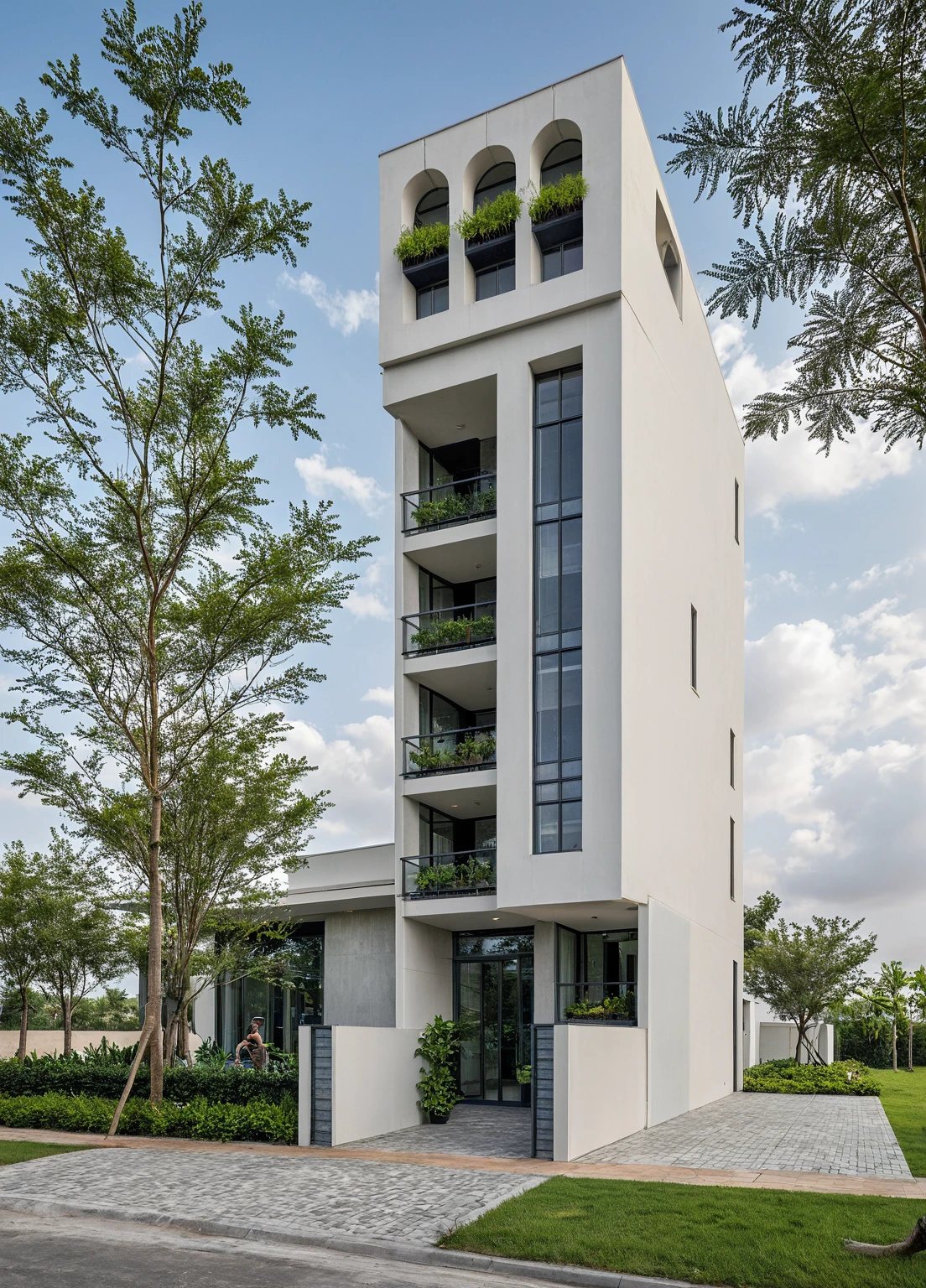 Masterpiece, high quality, best quality, authentic, super detail, outdoors, onestoreyvillaXL, aiaigroup, The office building stands tall with its sleek, modern design, characterized by extensive glass facades that reflect the sky and surrounding cityscape. Large, floor-to-ceiling windows are fitted with stylish sun-shading louvers, ensuring a comfortable and energy-efficient environment inside. The front of the building is adorned with lush greenery, featuring a variety of Mediterranean plants such as olive trees, lavender, and bougainvillea that add a touch of nature to the urban setting. Terra cotta tiles and rustic stone accents further enhance the Mediterranean charm. People are walking briskly in front of the building, some engaged in conversation, while others are focused on their destinations. The atmosphere is bustling yet orderly, encapsulating the dynamic and productive spirit of the area. white wall ,road,pavement, grass, trees, sky, cloud, waved facade (daylight:1.1)
