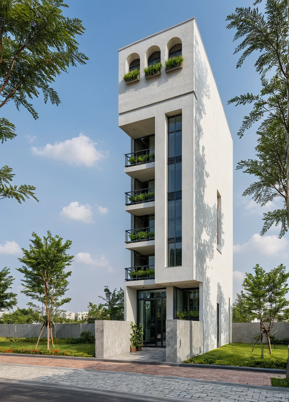 Masterpiece, high quality, best quality, authentic, super detail, outdoors, onestoreyvillaXL, aiaigroup, The office building stands tall with its sleek, modern design, characterized by extensive glass facades that reflect the sky and surrounding cityscape. Large, floor-to-ceiling windows are fitted with stylish sun-shading louvers, ensuring a comfortable and energy-efficient environment inside. The front of the building is adorned with lush greenery, featuring a variety of Mediterranean plants such as olive trees, lavender, and bougainvillea that add a touch of nature to the urban setting. Terra cotta tiles and rustic stone accents further enhance the Mediterranean charm. People are walking briskly in front of the building, some engaged in conversation, while others are focused on their destinations. The atmosphere is bustling yet orderly, encapsulating the dynamic and productive spirit of the area. white wall ,road,pavement, grass, trees, sky, cloud, waved facade (daylight:1.1)
