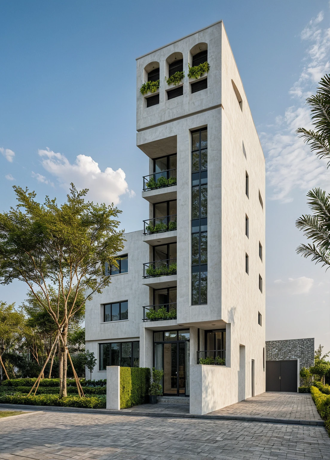Masterpiece, high quality, best quality, authentic, super detail, outdoors, onestoreyvillaXL, aiaigroup, The office building stands tall with its sleek, modern design, characterized by extensive glass facades that reflect the sky and surrounding cityscape. Large, floor-to-ceiling windows are fitted with stylish sun-shading louvers, ensuring a comfortable and energy-efficient environment inside. The front of the building is adorned with lush greenery, featuring a variety of Mediterranean plants such as olive trees, lavender, and bougainvillea that add a touch of nature to the urban setting. Terra cotta tiles and rustic stone accents further enhance the Mediterranean charm. People are walking briskly in front of the building, some engaged in conversation, while others are focused on their destinations. The atmosphere is bustling yet orderly, encapsulating the dynamic and productive spirit of the area. white wall ,road,pavement, grass, trees, sky, cloud, waved facade (daylight:1.1)