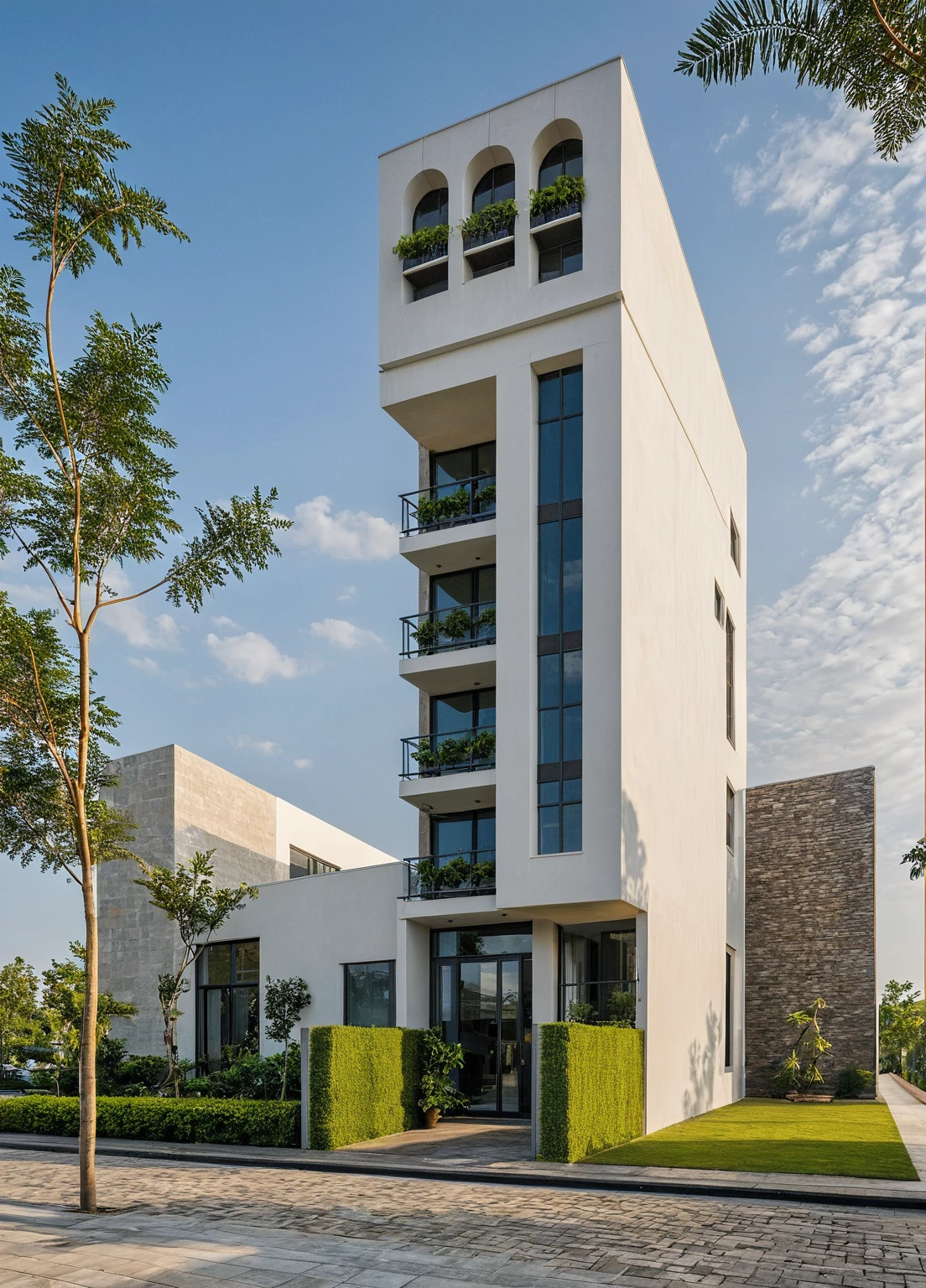 Masterpiece, high quality, best quality, authentic, super detail, outdoors, onestoreyvillaXL, aiaigroup, The office building stands tall with its sleek, modern design, characterized by extensive glass facades that reflect the sky and surrounding cityscape. Large, floor-to-ceiling windows are fitted with stylish sun-shading louvers, ensuring a comfortable and energy-efficient environment inside. The front of the building is adorned with lush greenery, featuring a variety of Mediterranean plants such as olive trees, lavender, and bougainvillea that add a touch of nature to the urban setting. Terra cotta tiles and rustic stone accents further enhance the Mediterranean charm. People are walking briskly in front of the building, some engaged in conversation, while others are focused on their destinations. The atmosphere is bustling yet orderly, encapsulating the dynamic and productive spirit of the area. white wall ,road,pavement, grass, trees, sky, cloud, waved facade (daylight:1.1)
