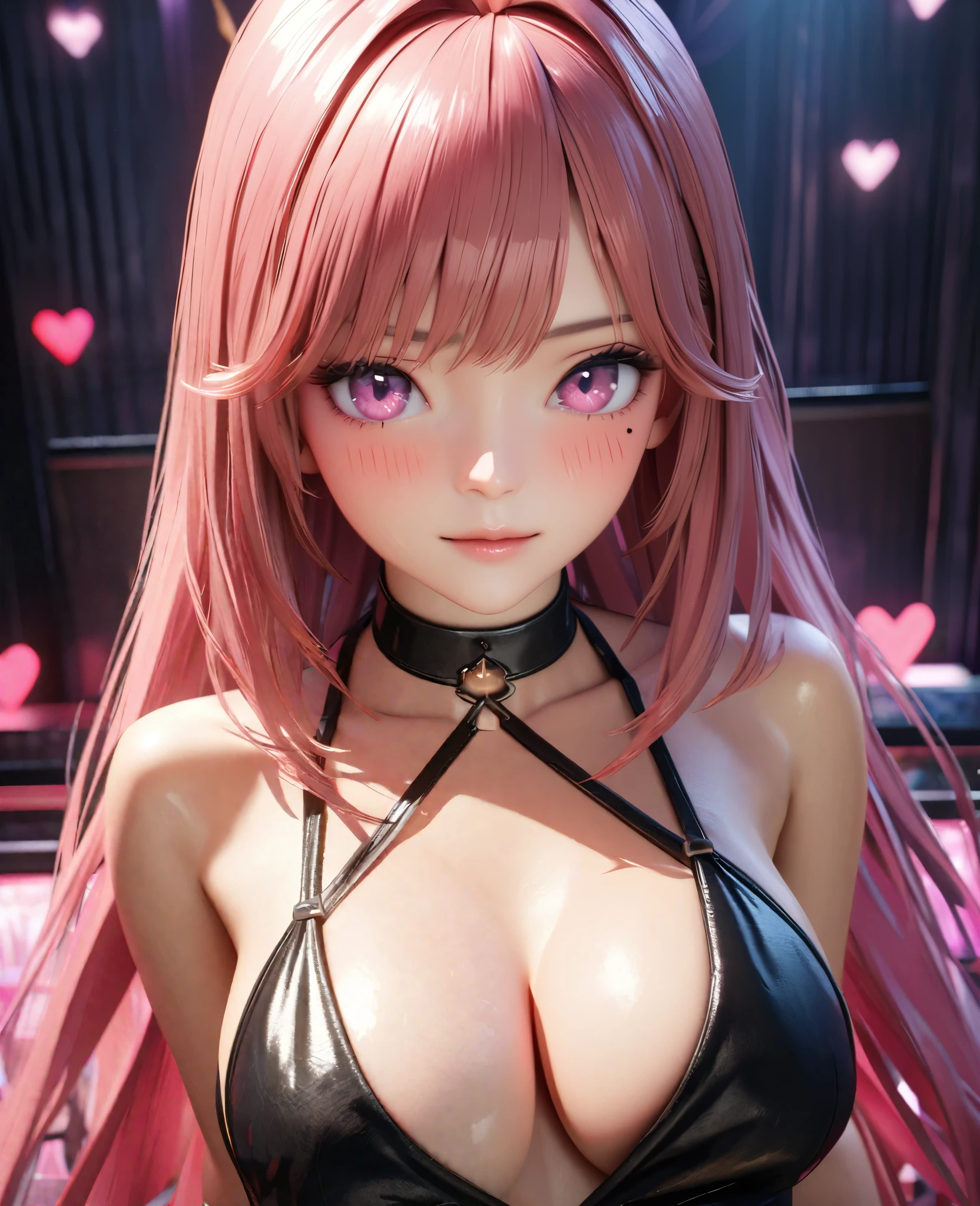 masterpiece, best quality, very detailed, high resolution, expensive resolution, high resolution, 4K, 8k, Unity 8k wallpaper, highly detailed CG, masterpiece, 2D, 3D, beautiful details, depth, fine texture, best quality: 1.3, perfectly focused, crispy skin, he,
Very cute anime girl, two girls who are employees of a night bar, sexy dress, big breasts, expensive pink medium long hair and brown short hair, two girls, night bar, mole under eye, looking at the viewer, expensive, blush, mole, lips parted,, heart, pink eyes, choker