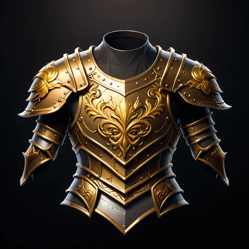 pixel art, cartoon illustration, golden plate armor, simple black background, game icon