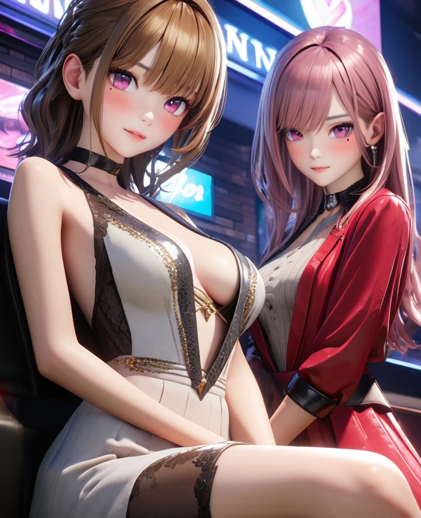 masterpiece, best quality, very detailed, high resolution, expensive resolution, high resolution, 4K, 8k, Unity 8k wallpaper, highly detailed CG, masterpiece, 2D, 3D, beautiful details, depth, fine texture, best quality: 1.3, perfectly focused, crispy skin, he,
Very cute anime girl, two girls who are employees of a night bar, sexy dress, big breasts, expensive pink medium long hair and brown short hair, two girls, night bar, mole under eye, looking at the viewer, expensive, blush, mole, lips parted,, heart, pink eyes, choker
