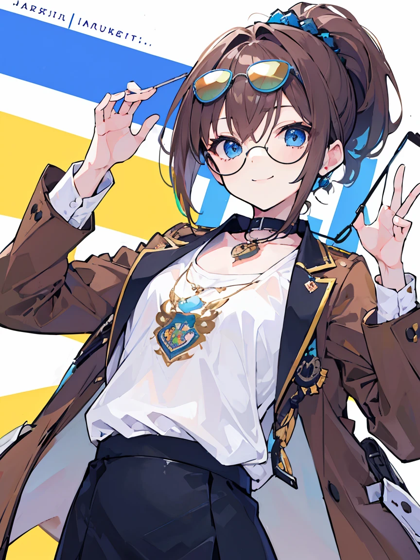 (best quality、masterpiece:1.2) (((1 girl))) flat chest ((Punty ornaments)) short hair、blue eyes、Brown hair ((sunglasses)) (vulgar smile) jacket、Ponytail、White shirt, rainbow hair color