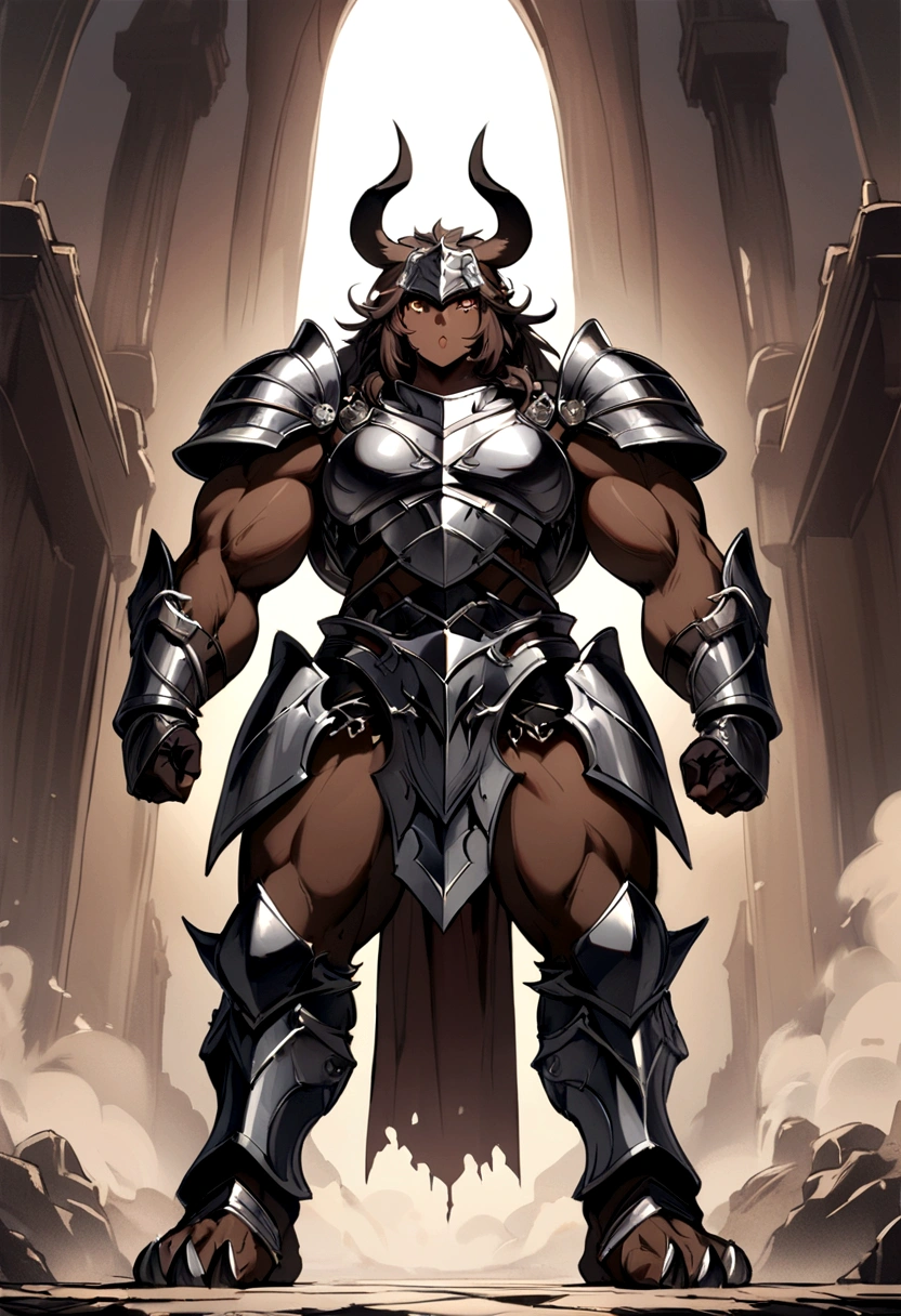 The full body of a dark-skinned minotaur girl,with knight armor
