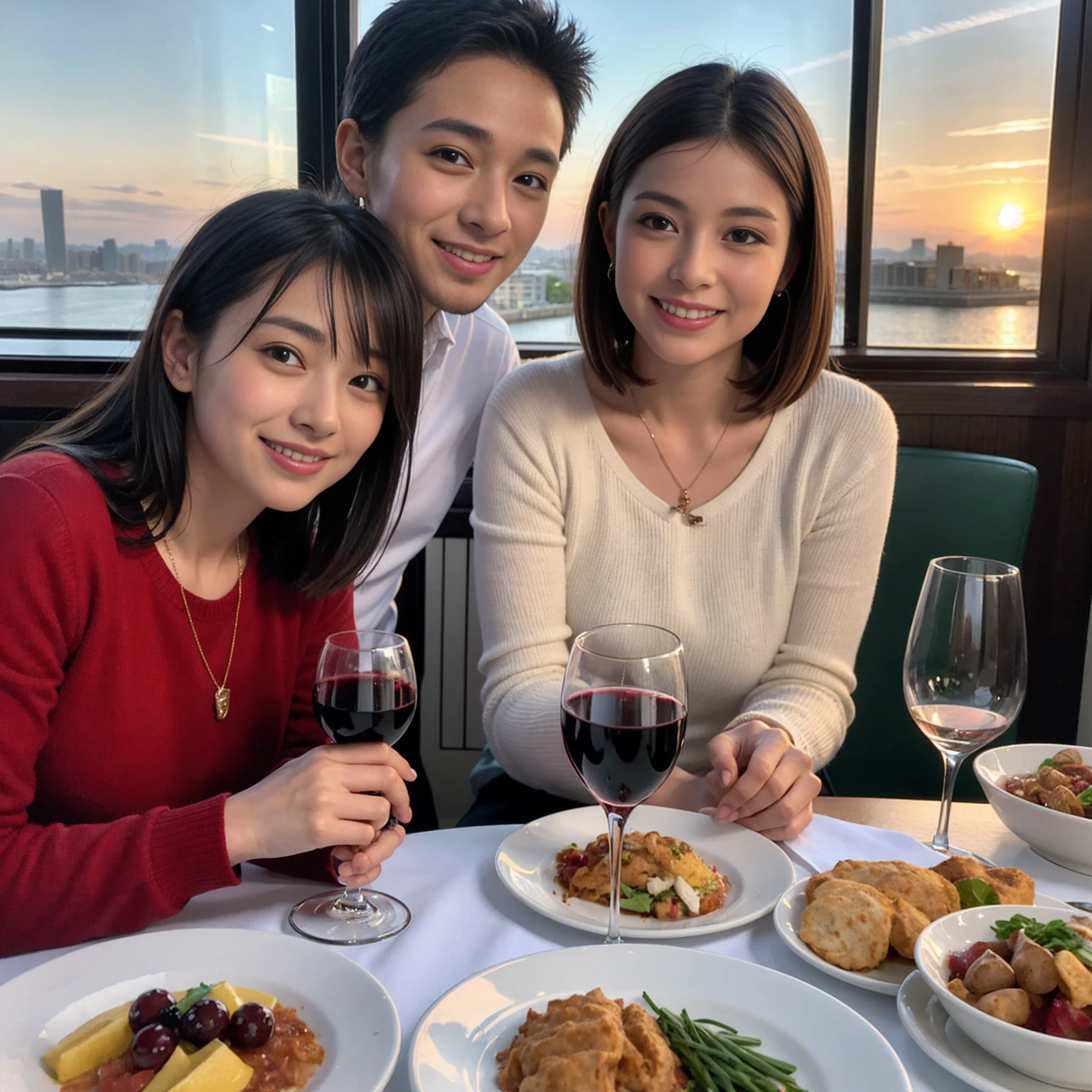 ((Highest quality、8K、masterpiece:1.3))、 (Ultra-realistic、 Genuine、Bright image、Intricate details:1.2), 最高のsmile、1 male、1 female、Beautiful couple、love love love、Lovers in Yokohama、Good friends、actress couple、smile、Full-course dinner at a packed table、 (Slim face), (the body is slim), (Brown Hair), (short hair), テーブルのwine glass、Please shine a light on my face、 Amazing view of the sunset sky and clouds、42 years old 39 years old, red wine 、Appetizers、Wine bottle、sparkling wine、Long sleeve shirt、dress、White wine, red wine, wine glass,