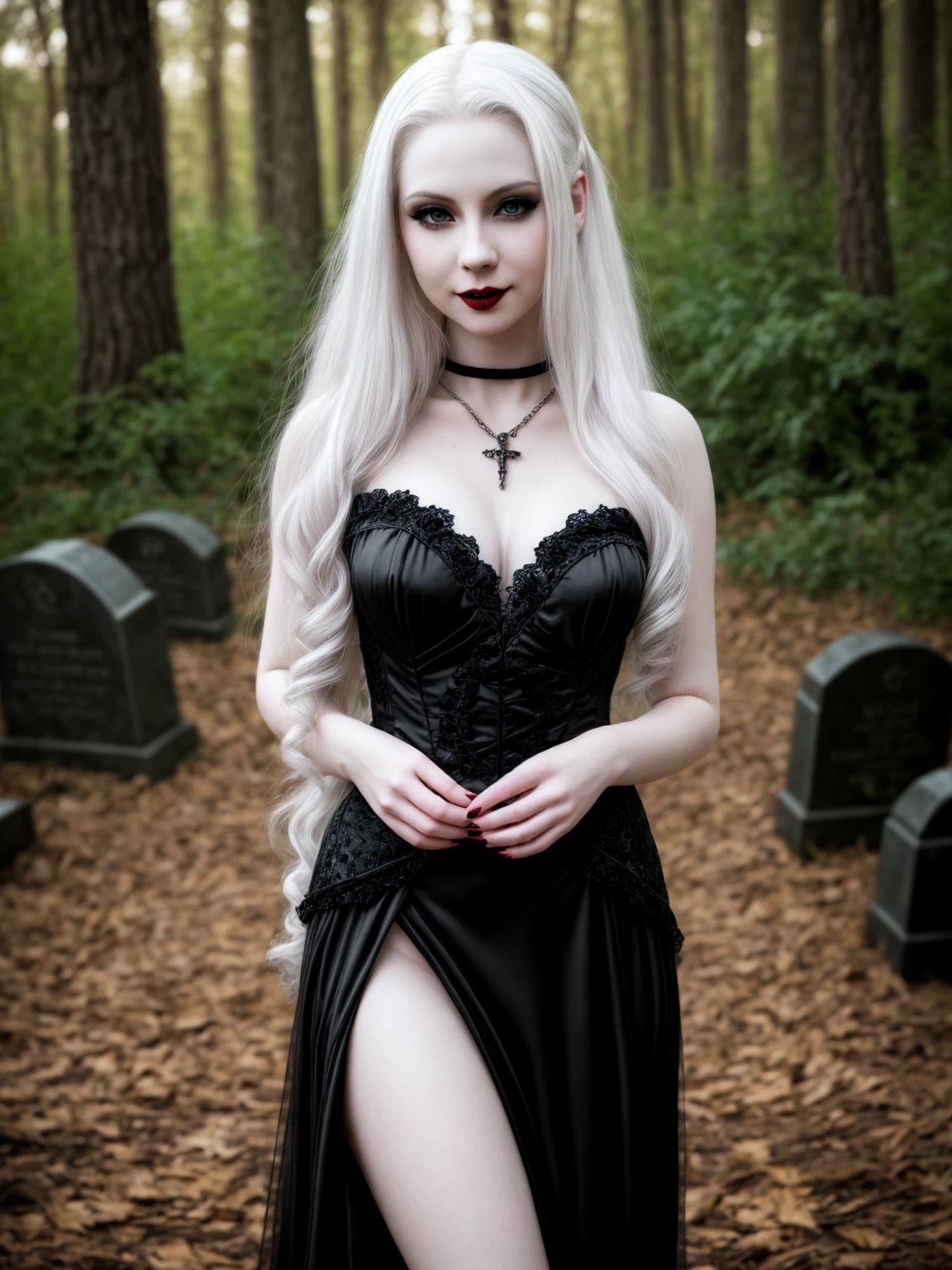female sexy vampire|albino, pale porcelain skin, sexy vintage black dress, smile, shallow depth of field, grin|creepy, nightfall, detailed face, night, wide hips, narrow waist, portrait of woman standing, detailed eyes, portrait of woman standing, 8k RAW photo, highest quality, looking at the viewer, best shadow, intricate details, long hair, bright eyes, forest, grave, gothic, goth detailed, highres, high qualilty, high saturation