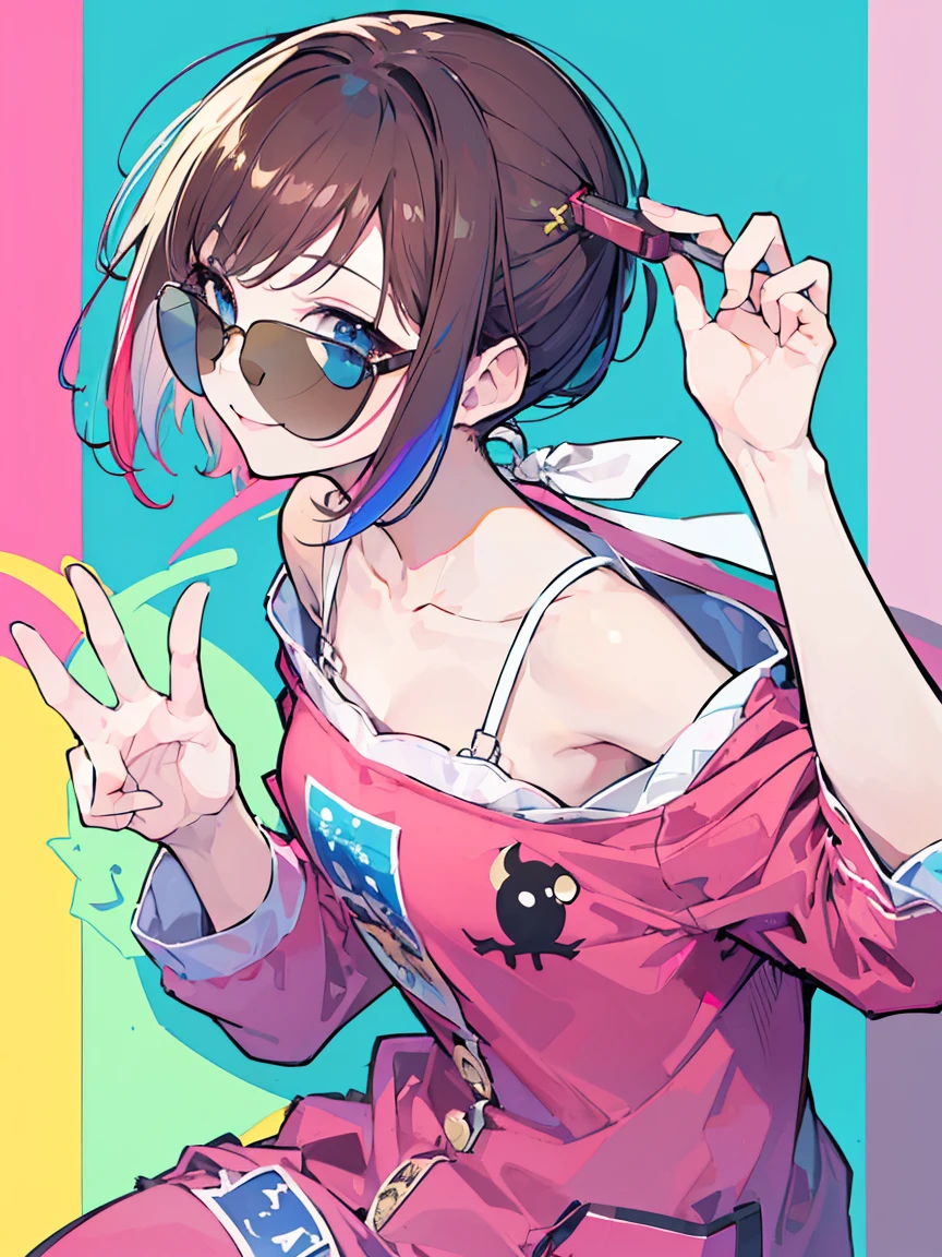 (best quality、masterpiece:1.2) (((1 girl))) flat chest ((Punty ornaments)) short hair、blue eyes、Brown hair ((sunglasses)) (vulgar smile) 、Ponytail，pajamas, rainbow hair color