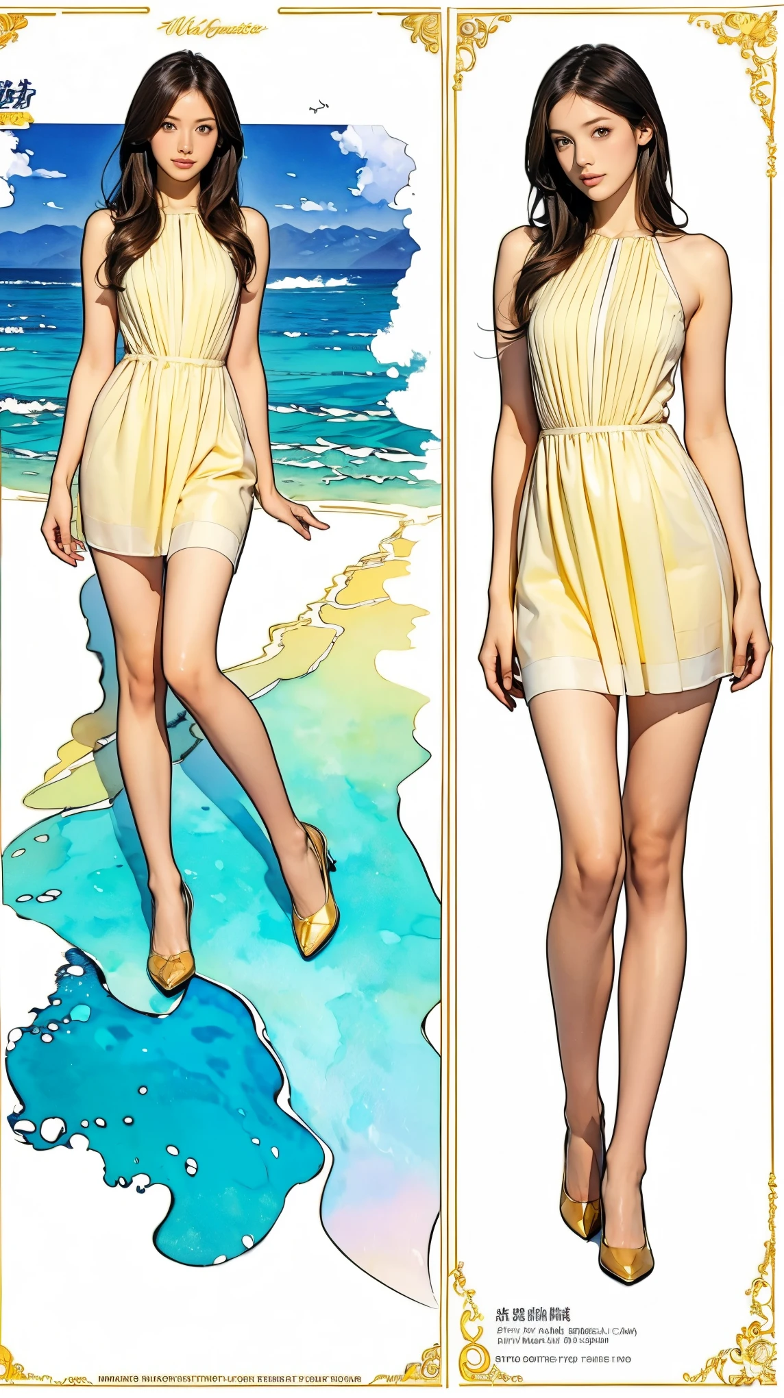 ((masterpiece)),(((Highest quality))),((Character design sheet)),Thin thighs,Long legs,((woman, alone, Long Hair)),Innocent look, Bare arms, Expose your shoulders, Bear neck, watercolor, water, Wave, water dress,  Ocean, See-through dress,Golden Hair，