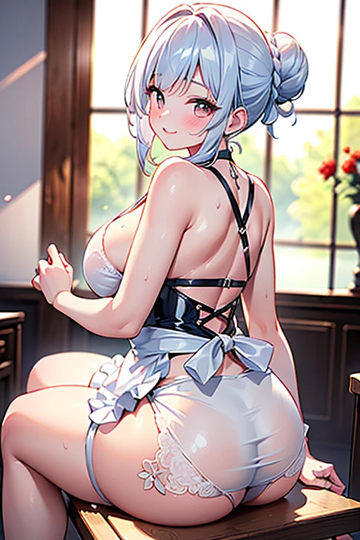 (Beautiful Arafifu woman),(((Accentuate your breasts:1.3))),(Dynamic Angle),(Dynamic and sexy bending pose:1.3),(Sit on a chair:1.3),(Shiny silver and orange inner color short hair,Big ample breasts,Clothing gets messy due to movement,Chest slip,(Intricately braided and beaded twisted ponytail bun,Braided Setup Fishbone Hair),(See-through bangs),Huge breasts、(((A white lace apron that shows your bare skin from under your big breasts.....)))、blush with embarrassment、Dreamy eyes、A smile that captivates the viewer、(look back:1.7)、Take a look at the photographer,Sweaty skin,Staring at the audience,(Professional Lighting),(In 8K,Tabletop,Highest quality,Ultra-high resolution output images,),(Ultra HD with Intricate Detail Picture Mode),Depth of written boundary,Beautiful Hands,Beautiful fingers,Detailed finger features,(Detailed hair features:1.7),Detailed facial features,Detailed clothing features,