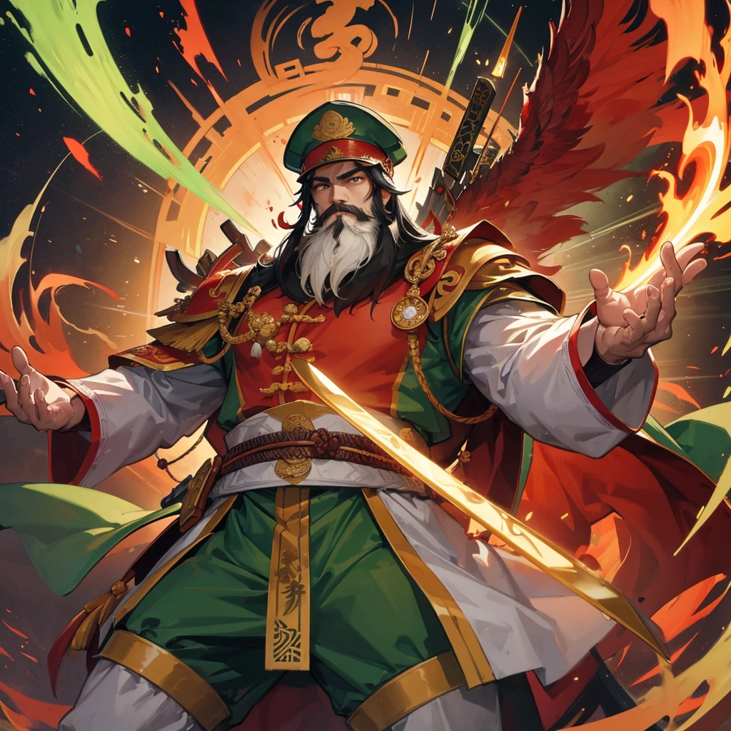 divinity无敌大将军，China，Guan Yu，divinity，myth，Powerful，male，Bearded，Red skin，Light in the eyes，thunder，Green clothes，muscle，Holding a big knife，myth，Gods