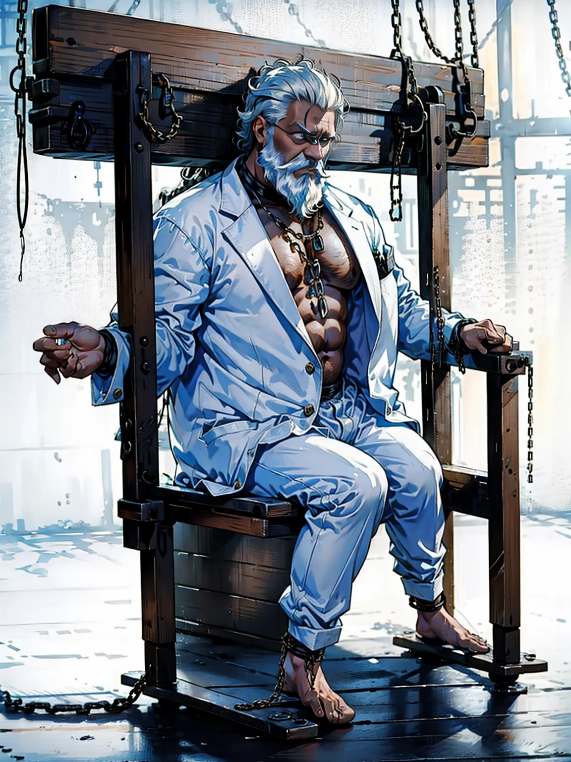 Middle-aged man,White Beard,Grizzle hair,Long Hair,Dad，Big muscles,Slightly thicker，anger，Dressed in a gorgeous white suit, In a cage, slave, Sit on a chair, Chained, Large Breasts, Big penis,White Semen, good looking, Facial blemishes, Squeeze the face, Red eyes, Two hands, Tattoo on the forehead, many chains, Chained on neck