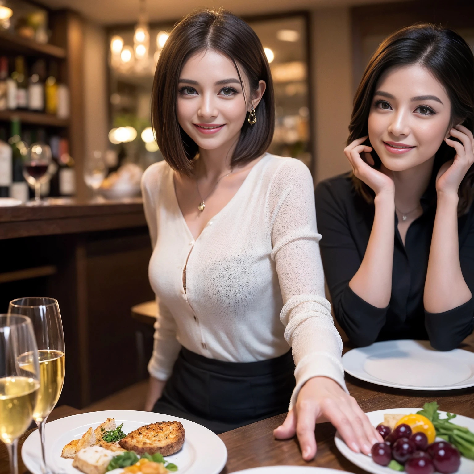 ((Highest quality、8K、masterpiece:1.3))、 (Ultra-realistic、 Genuine、Bright image、Intricate details:1.2), 最高のsmile、1 male 1 female、Beautiful couple、Love Love Love、spouse、Female announcer、actress couple、smile、Full-course dinner at a packed table、 (Slim face), (the body is slim), (Brown Hair), (short hair), テーブルのwine glass、Please shine a light on my face、 Amazing view of the sunset sky and clouds、36 years old 39 years old, red wine 、Appetizers、Wine bottle、sparkling wine、Long sleeve shirt、dress、White wine, red wine, wine glass,