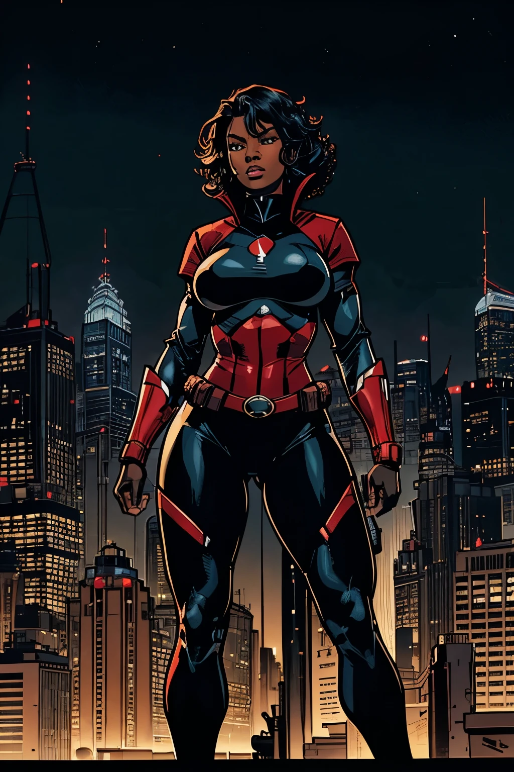 Cardinal, a gorgeous woman with (dark skin) wearing a modest black and red bodysuit, long sleeves, leggings. Athletic, huge breasts, wide hips. Short curly black hair, batons. bracers, shin guards, utility belt. Confident. City skyline, rooftops.