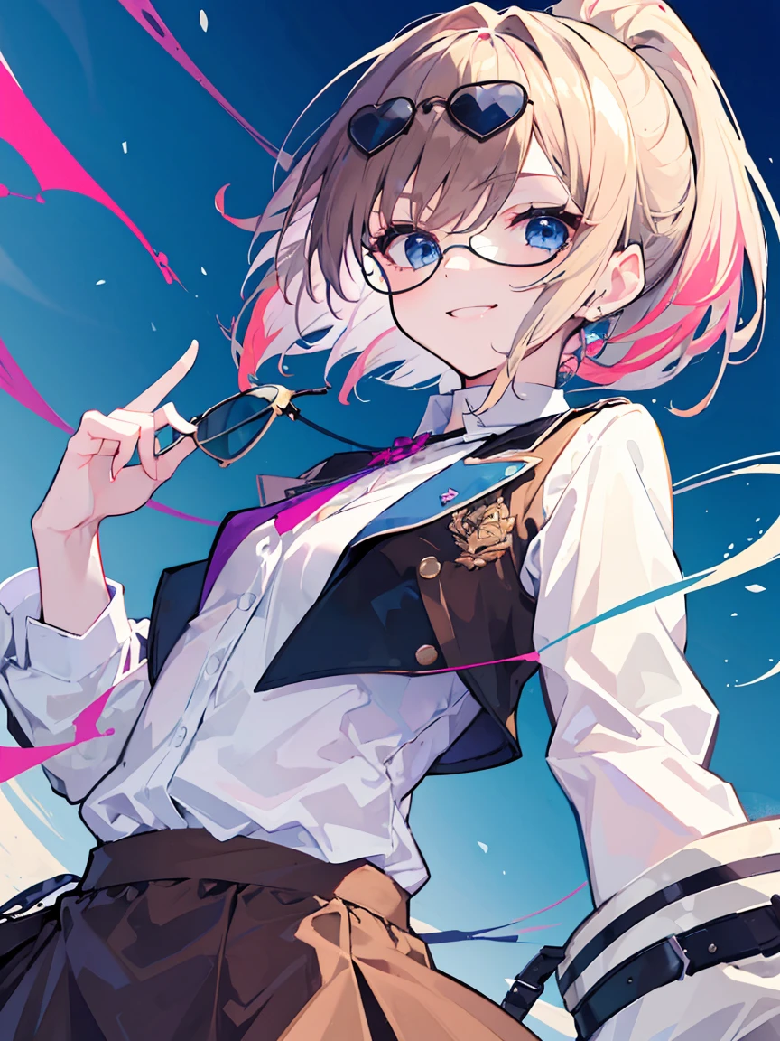 (best quality、masterpiece:1.2) (((1 girl))) Flat chest short hair、blue eyes、Brown hair ((sunglasses)) (vulgar smile) jacket、Ponytail、White shirt, rainbow hair color