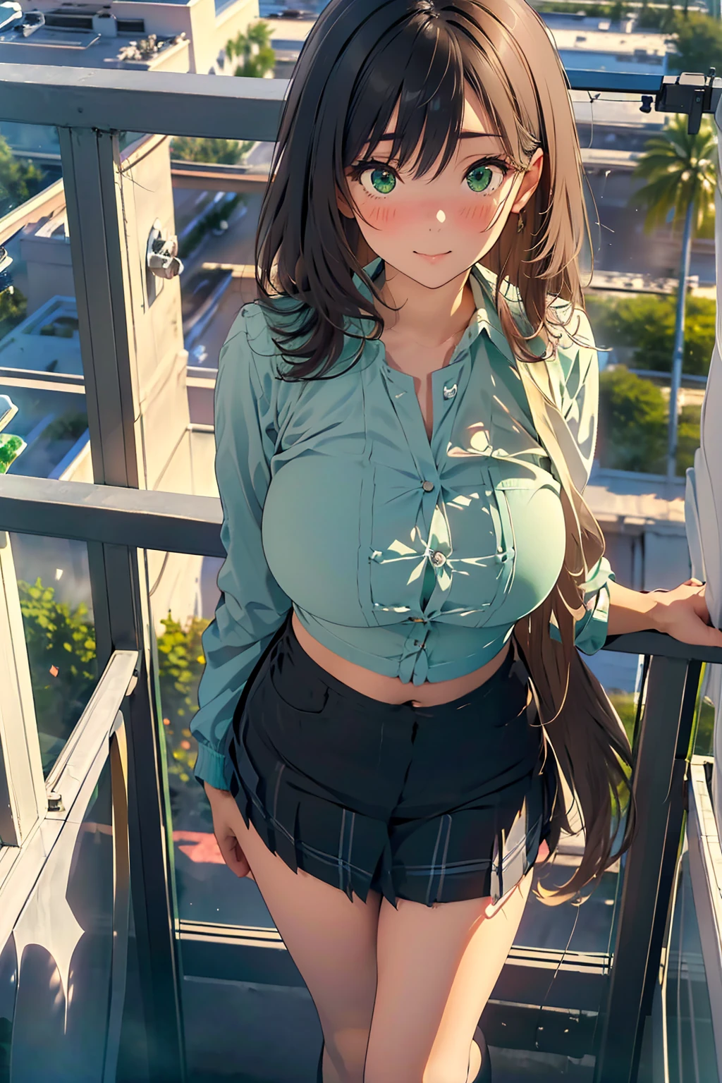((masterpiece, best quality, highres, uhd, perfect pixel, depth of field, 4K, RTX, HDR))), 18age, 1girl, single, solo, beautiful anime girl, beautiful artstyle, anime character, ((short hair, bangs, brown hair, curly hair:0.8)), ((green eyes:1.4, rounded eyes, beautiful eyelashes, realistic eyes)), ((detailed face, blushing:1.2)), ((smooth texture:0.75, realistic texture:0.65, photorealistic:1.1, anime CG style)), large breasts, dynamic angle, perfect body, (portrait, ass pov), (( gray jacket, white shirt, black skirt, plaid skirt)), smile, School, Photo from behind, Posture with the back of the body,
