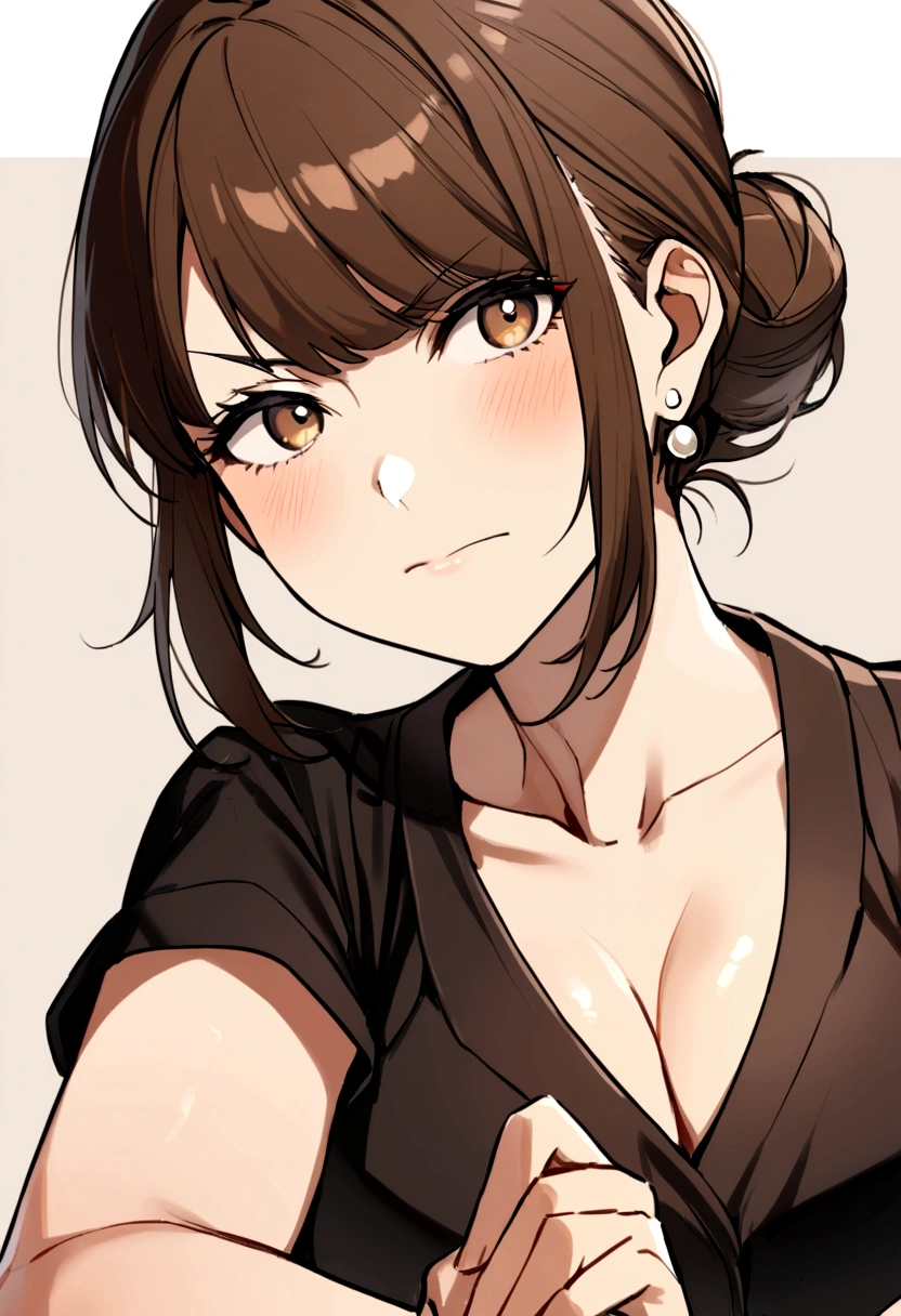 40 year old woman, brown hair, bun, white pearl earrings, black dress, brown short sleeve jacket