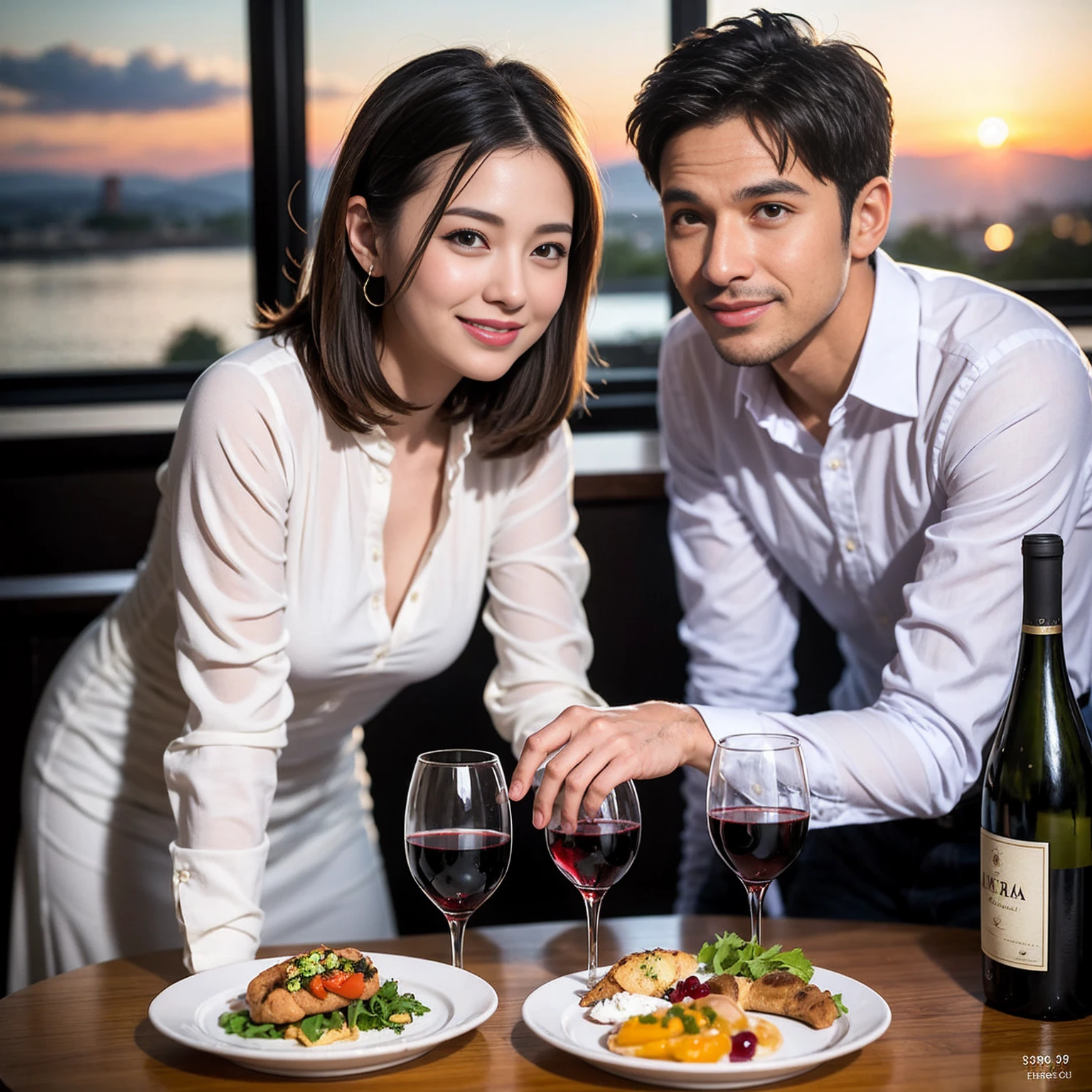 ((Highest quality、8K、masterpiece:1.3))、 (Ultra-realistic、 Genuine、Bright image、Intricate details:1.2), 最高のsmile、1 male、1 female、Beautiful couple、Love Love Love、Lovers in Yokohama、Good friends、actress couple、smile、Full-course dinner at a packed table、 (Slim face), (the body is slim), (Brown Hair), (short hair), テーブルのwine glass、Please shine a light on my face、 Amazing view of the sunset sky and clouds、 years old 39 years old, red wine 、Appetizers、Wine bottle、sparkling wine、Long sleeve shirt、dress、White wine, red wine, wine glass, 