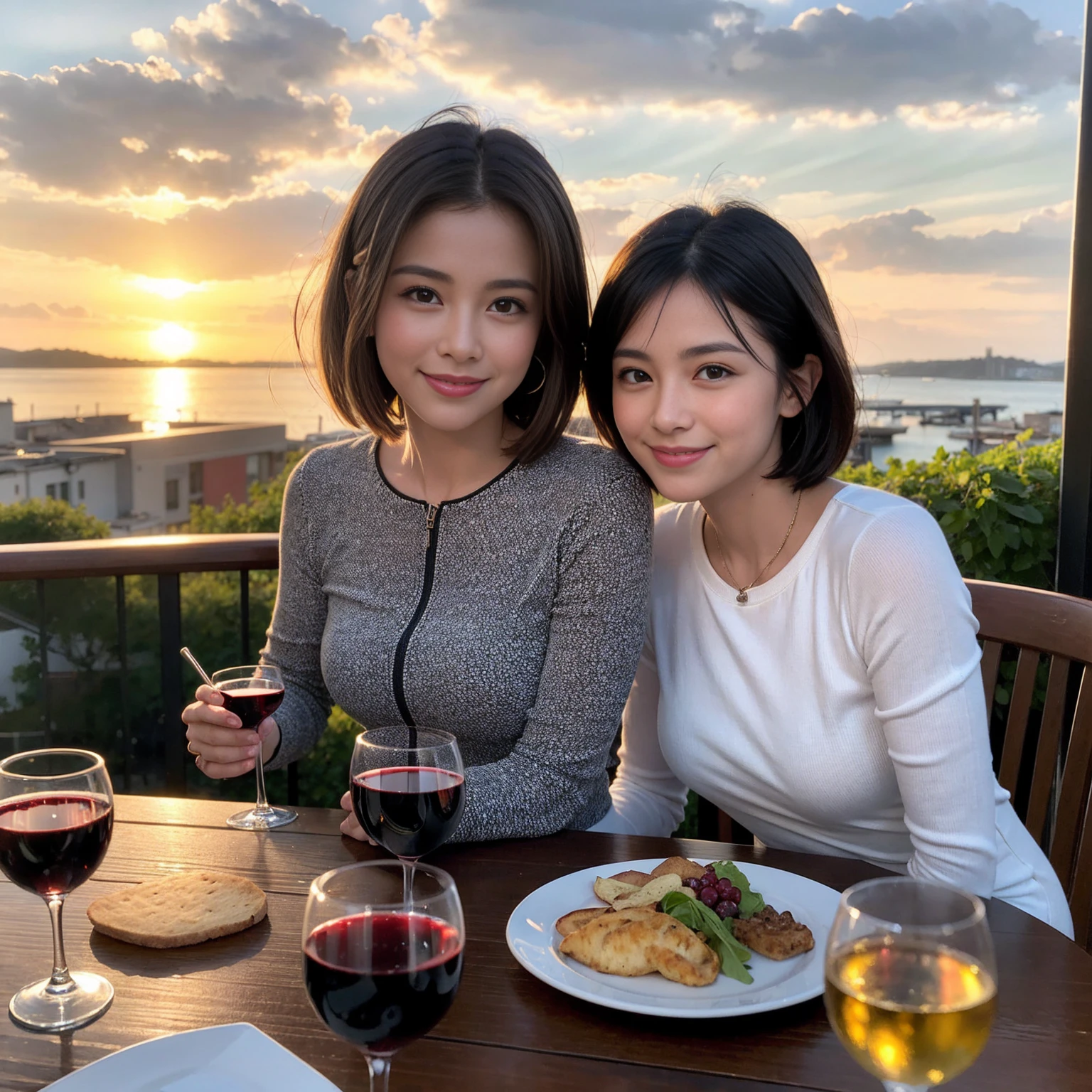 ((Highest quality、8K、masterpiece:1.3))、 (Ultra-realistic、 Genuine、Bright image、Intricate details:1.2), 最高のsmile、1 male、1 female、Beautiful couple、Love Love Love、Lovers in Yokohama、Good friends、actress couple、smile、Full-course dinner at a packed table、 (Slim face), (the body is slim), (Brown Hair), (short hair), テーブルのwine glass、Please shine a light on my face、 Amazing view of the sunset sky and clouds、 years old 39 years old, red wine 、Appetizers、Wine bottle、sparkling wine、Long sleeve shirt、dress、White wine, red wine, wine glass,