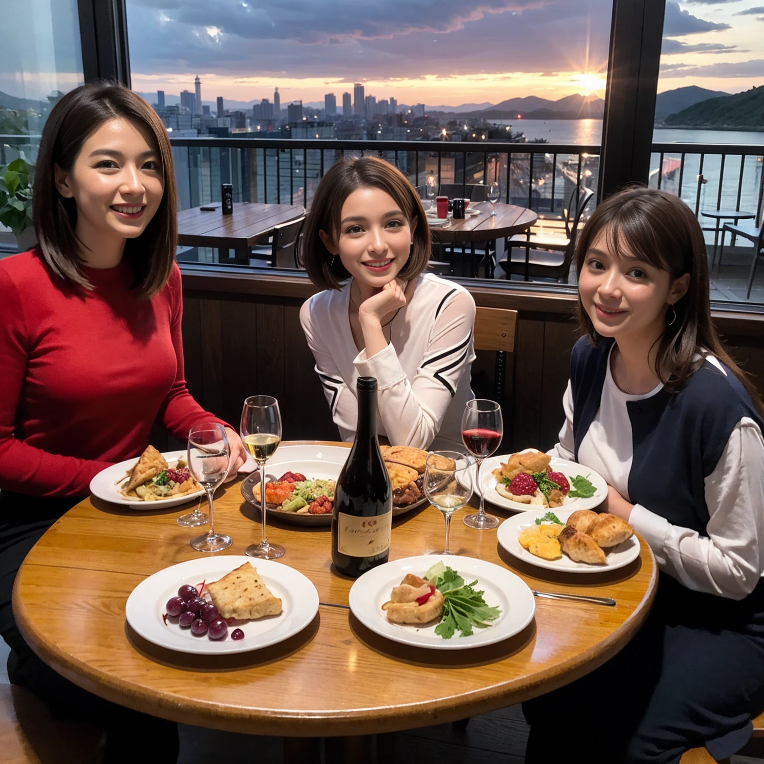 ((Highest quality、8K、masterpiece:1.3))、 (Ultra-realistic、 Genuine、Bright image、Intricate details:1.2), 最高のsmile、1 male、1 female、Beautiful couple、Love Love Love、Lovers in Yokohama、Good friends、actress couple、smile、Full-course dinner at a packed table、 (Slim face), (the body is slim), (Brown Hair), (short hair), テーブルのwine glass、Please shine a light on my face、 Amazing view of the sunset sky and clouds、 years old 39 years old, red wine 、Appetizers、Wine bottle、sparkling wine、Long sleeve shirt、dress、White wine, red wine, wine glass,