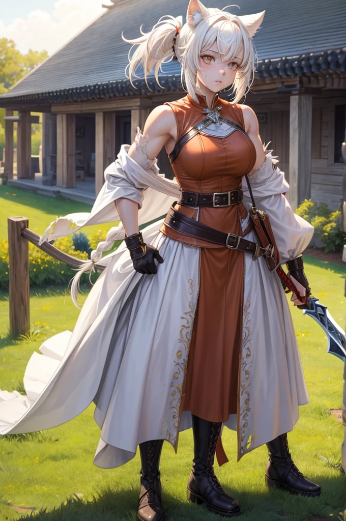 short white hair with white wolf ears, her eyes are bright orange, she has a short, braided ponytail. She is wearing worn and torn peasant cotton clothes, with leather belts around her. She has a large greatsword on her back and she is wearing long leather boots. Her body is muscular and strong, with muscular forearms shown and muscle details visible through the clothing. She is tired and sweaty, been practicing swordplay all day. Now the sun is setting and its time to go home.