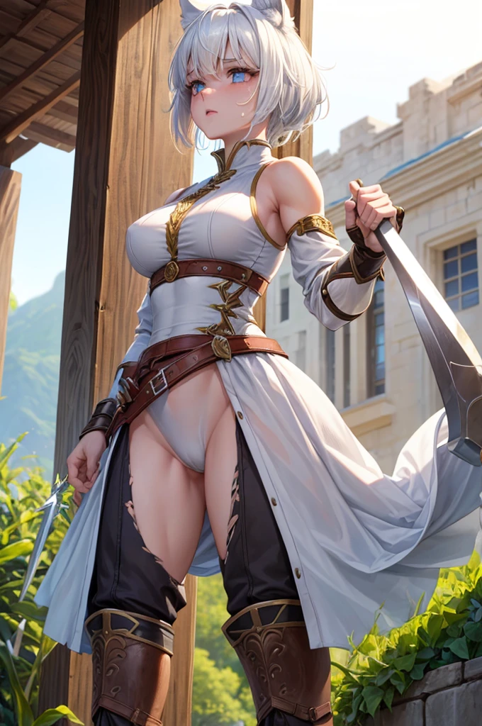 short white hair with white wolf ears, her eyes are bright orange, she has a short, braided ponytail. She is wearing worn and torn peasant cotton clothes, with leather belts around her. She has a large greatsword on her back and she is wearing long leather boots. Her body is muscular and strong, with muscular forearms shown and muscle details visible through the clothing. She is tired and sweaty, been practicing swordplay all day. Now the sun is setting and its time to go home.