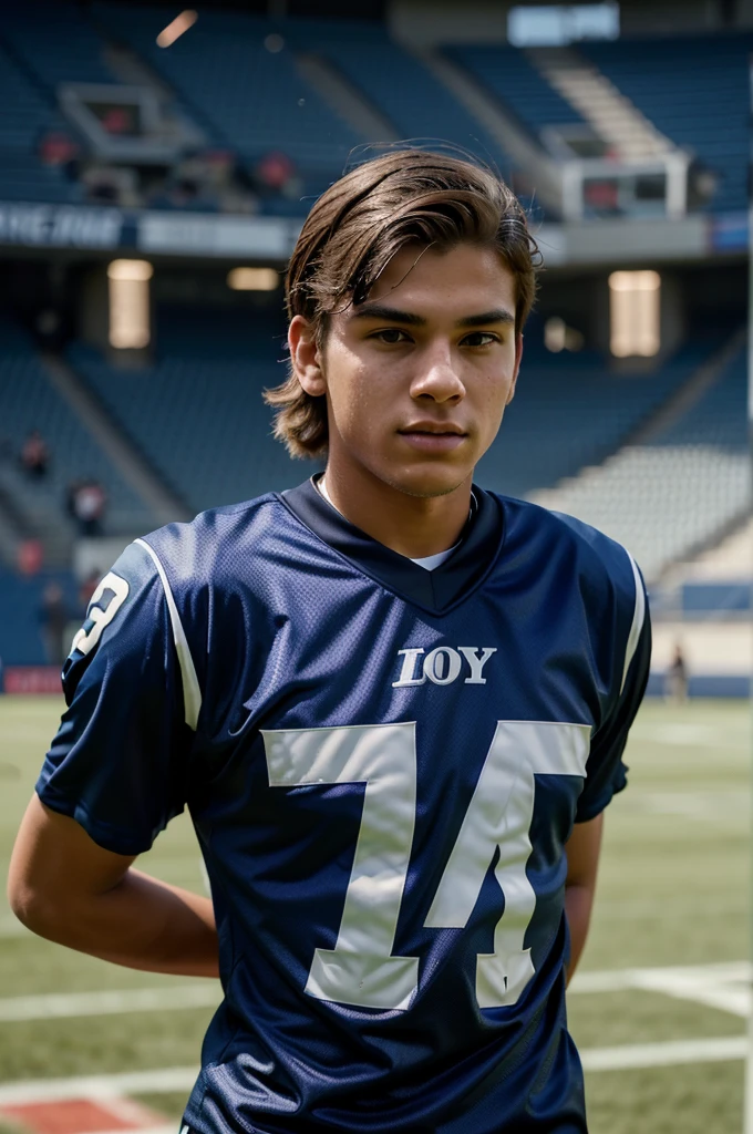 In the middle of an open football field, Jay, an 18-year-old young man, stands out with a confident attitude in a behind-the-camera photo style. With his team's flashy uniform and jersey number clearly visible, he looked ready to go. His hair is slightly tousled in the wind, adding to the dynamic and enthusiastic impression. His sharp gaze and focused facial expression reflect his seriousness in facing the match. Jay paints a portrait of a young athlete who is ready to make his mark in the world of football, with an inspiring aura of courage and determination.