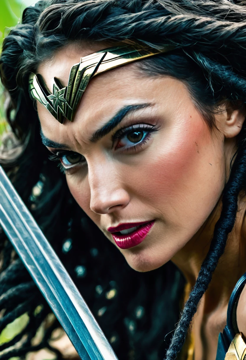 In extreme close-up of a beautiful woman ///Tez Negra/// under the mantle of the Amazon warrior (((Wonder woman)),((dreadlocks))) surreal and cinematographic images Color Splash images f(((Traje actual Wonder woman))),(((Diaema Wonder woman)))