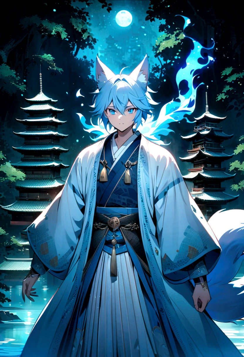 fox Light blue hair 　beast boy　Indigo fur　fox beast boy　fox Light blue hair 　beast boy　Indigo fur　fox beast boy　Wallpaper 4k,8K,Very detailed,Bright colors,Water Lanterns,Black silhouette of a pagoda,Faint moonlight,Dense forest,Ethereal atmosphere,Dappled sunlight,Whimsical,Calm expression,Exquisite Hanfu and belt,Exquisite hand-painted details,Glowing eyes　Anime style　fox　blue　White-faced golden-haired nine-tailed fox　Coat blue　　　Mysterious Background　Blue flame　boy　There is a ball of light Anime style　fox　blue　White-faced golden-haired nine-tailed fox　Coat blue　　　Mysterious Background　Blue flame　boy　There is a ball of light