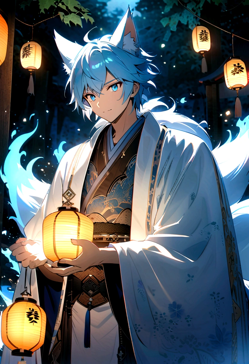 fox Light blue hair beast boy Indigo fur fox beast boy fox Light blue hair beast boy Indigo fur fox beast boy Wallpaper 4k,8K,Very detailed,Bright colors,Water Lanterns,Black silhouette of a pagoda,Faint moonlight,Dense forest,Ethereal atmosphere,Dappled sunlight,Whimsical,Calm expression,Exquisite Hanfu and belt,Exquisite hand-painted details,Glowing eyes Anime style fox blue White-faced golden-haired nine-tailed fox Coat blue Mysterious Background Blue flame boy There is a ball of light Anime style fox blue White-faced golden-haired nine-tailed fox Coat blue Mysterious Background Blue flame boy There is a ball of light