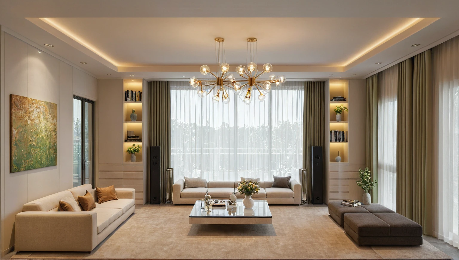 Masterpiece, HD, interior design, French cream style, living room space, sofa, coffee table, green plants, floor-to-ceiling windows, curtains