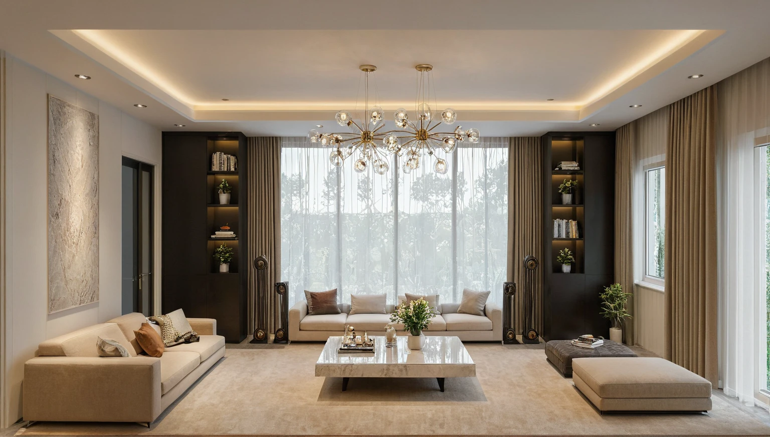 Masterpiece, HD, interior design, French cream style, living room space, sofa, coffee table, green plants, floor-to-ceiling windows, curtains