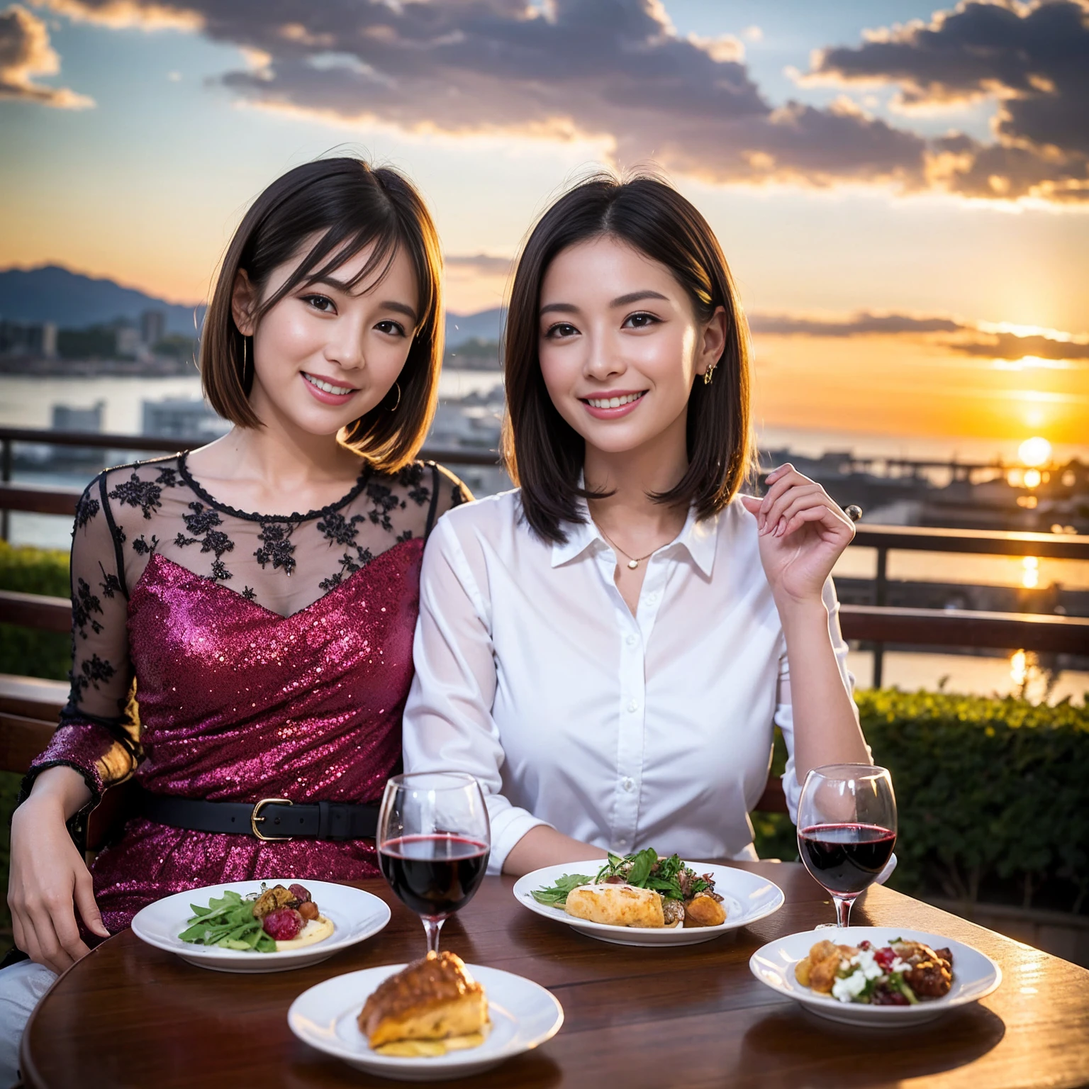 ((Highest quality、8K、masterpiece:1.3))、 (Ultra-realistic、 Genuine、Bright image、Intricate details:1.2), 最高のsmile、1 male、1 female、Beautiful couple、Love Love Love、Lovers in Yokohama、Good friends、actress couple、smile、Full-course dinner at a packed table、 (Slim face), (the body is slim), (Brown Hair), (short hair), テーブルのwine glass、Please shine a light on my face、 Amazing view of the sunset sky and clouds、 years old 39 years old, red wine 、Appetizers、Wine bottle、sparkling wine、Long sleeve shirt、dress、White wine, red wine, wine glass,