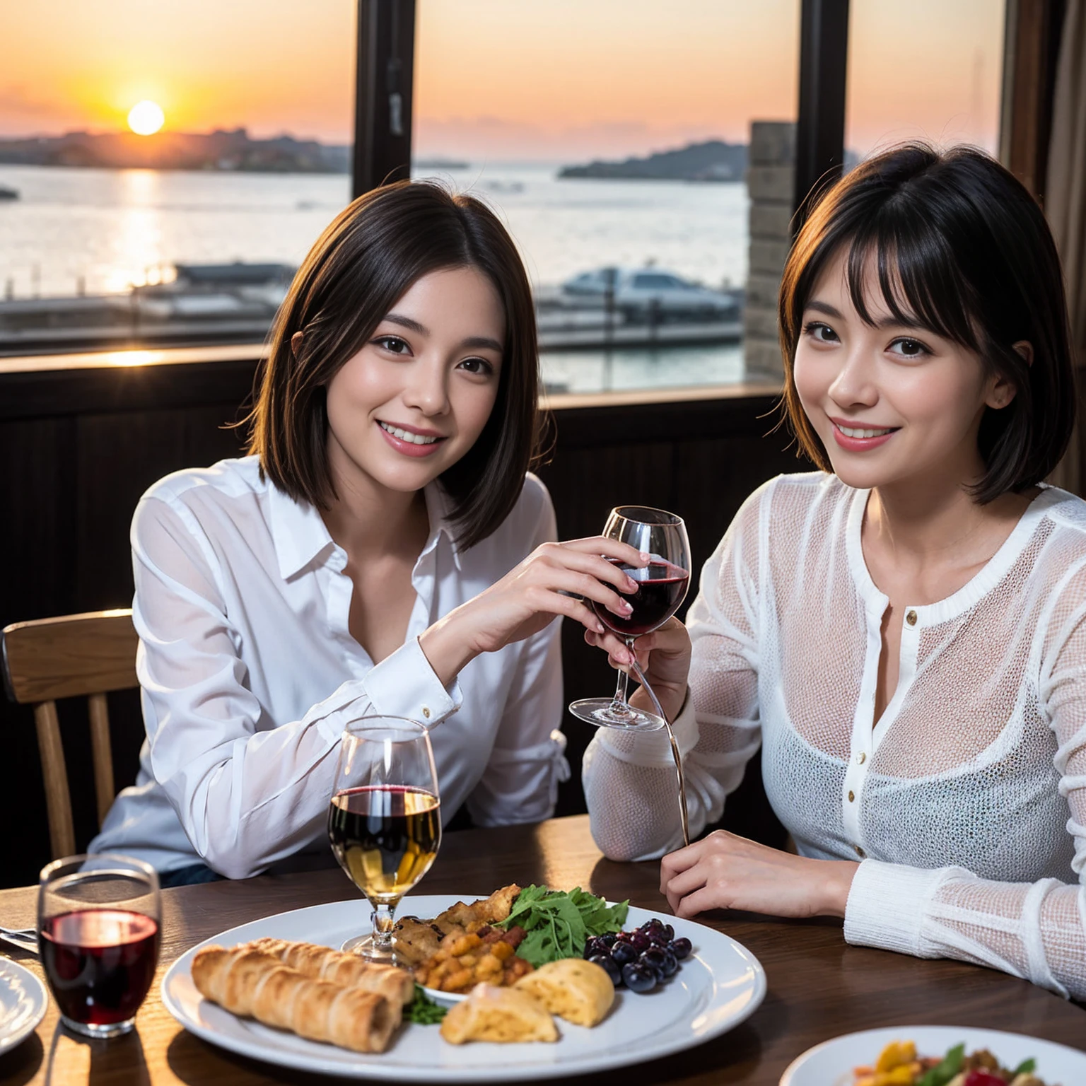 ((Highest quality、8K、masterpiece:1.3))、 (Ultra-realistic、 Genuine、Bright image、Intricate details:1.2), 最高のsmile、1 male、1 female、Beautiful couple、Love Love Love、Lovers in Yokohama、Good friends、actress couple、smile、Full-course dinner at a packed table、 (Slim face), (the body is slim), (Brown Hair), (short hair), テーブルのwine glass、Please shine a light on my face、 Amazing view of the sunset sky and clouds、 years old 39 years old, red wine 、Appetizers、Wine bottle、sparkling wine、Long sleeve shirt、dress、White wine, red wine, wine glass,