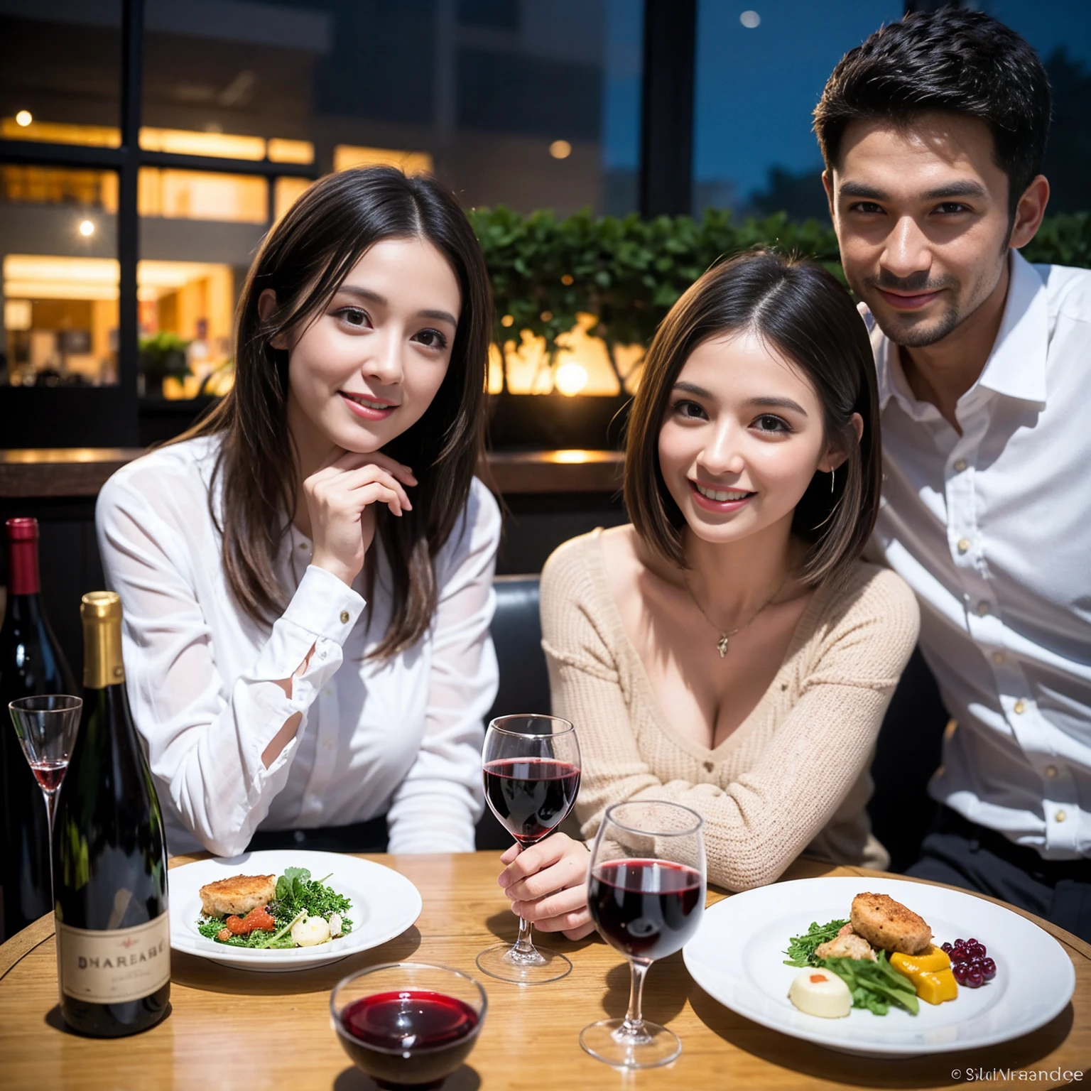 ((Highest quality、8K、masterpiece:1.3))、 (Ultra-realistic、 Genuine、Bright image、Intricate details:1.2), 最高のsmile、1 male、1 female、Beautiful couple、Love Love Love、Lovers in Yokohama、Good friends、actress couple、smile、Full-course dinner at a packed table、 (Slim face), (the body is slim), (Brown Hair), (short hair), テーブルのwine glass、Please shine a light on my face、 Amazing view of the sunset sky and clouds、 years old 39 years old, red wine 、Appetizers、Wine bottle、sparkling wine、Long sleeve shirt、dress、White wine, red wine, wine glass,