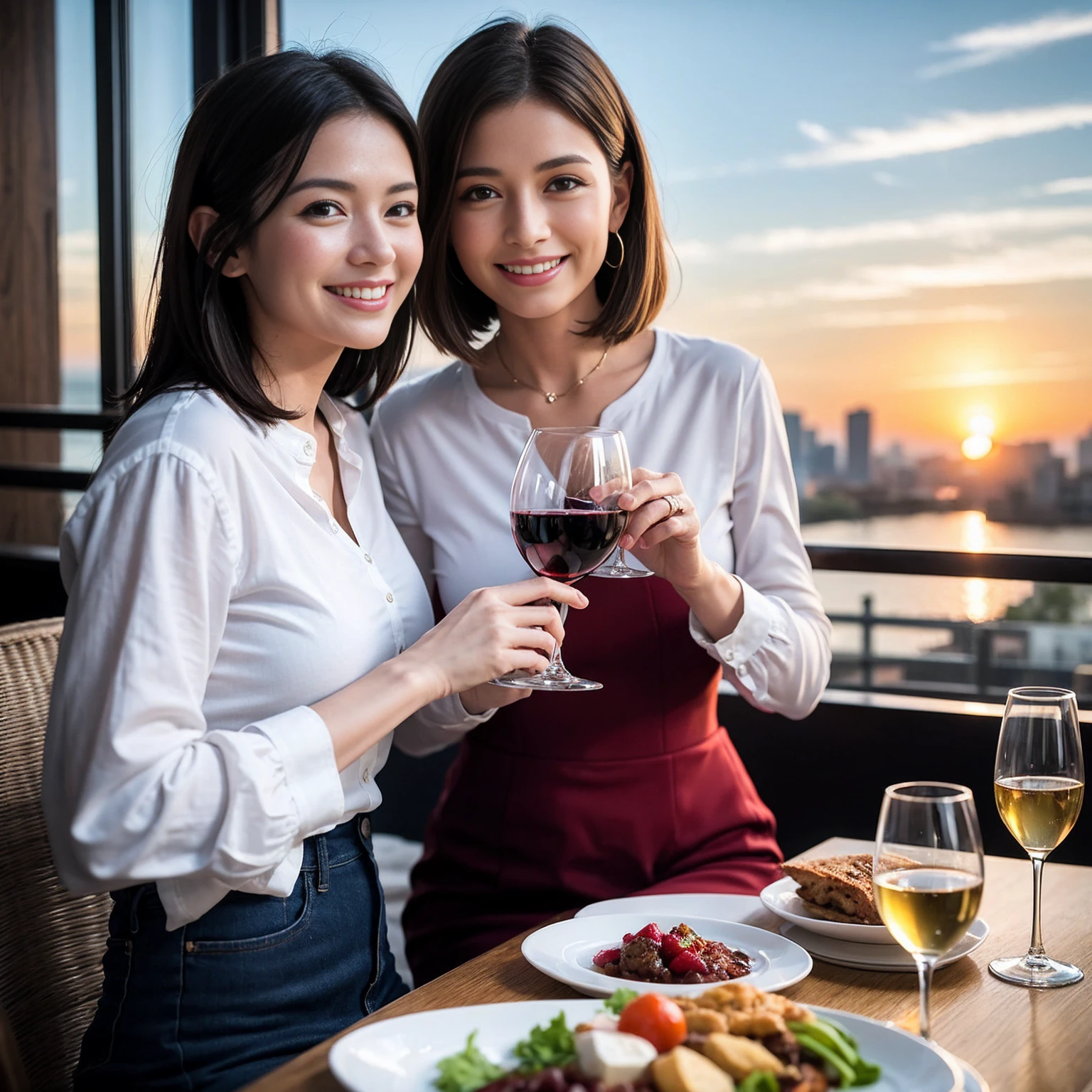 ((Highest quality、8K、masterpiece:1.3))、 (Ultra-realistic、 Genuine、Bright image、Intricate details:1.2), 最高のsmile、1 male、1 female、Beautiful couple、Love Love Love、Lovers in Yokohama、Good friends、actress couple、smile、Full-course dinner at a packed table、 (Slim face), (the body is slim), (Brown Hair), (short hair), テーブルのwine glass、Please shine a light on my face、 Amazing view of the sunset sky and clouds、 years old 39 years old, red wine 、Appetizers、Wine bottle、sparkling wine、Long sleeve shirt、dress、White wine, red wine, wine glass,