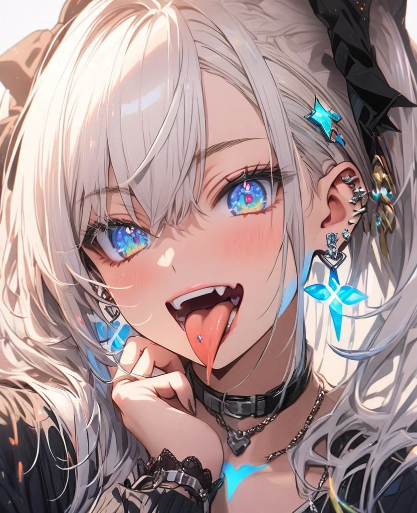 tongue，Gal，Sparkly Earrings，red,Luminous tattoo,Long white hair,blue eyes