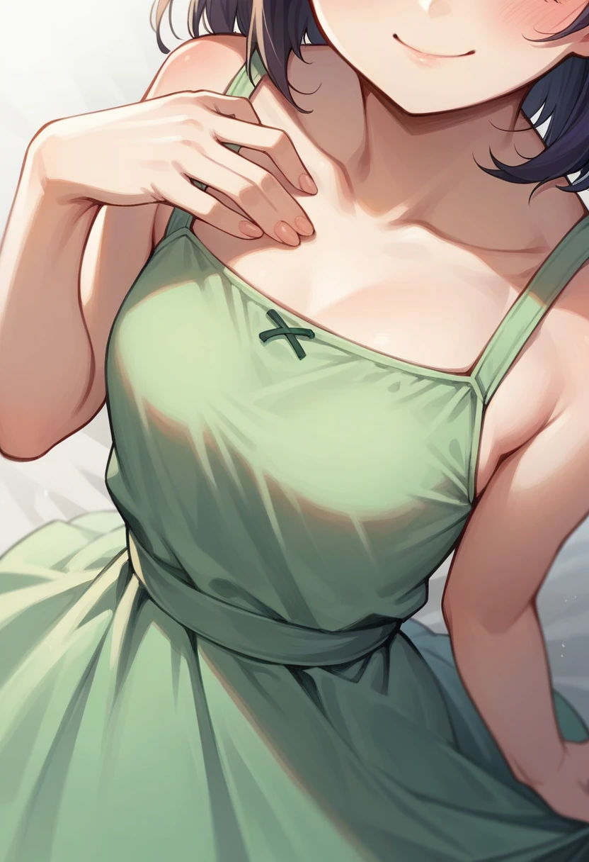 score_9,score_8_up,score_7_up,score_6_up,source_anime,solo,1girl,skirt lift,close-up,from above,looking at viewer,upper body,blush,smile,green sundress,