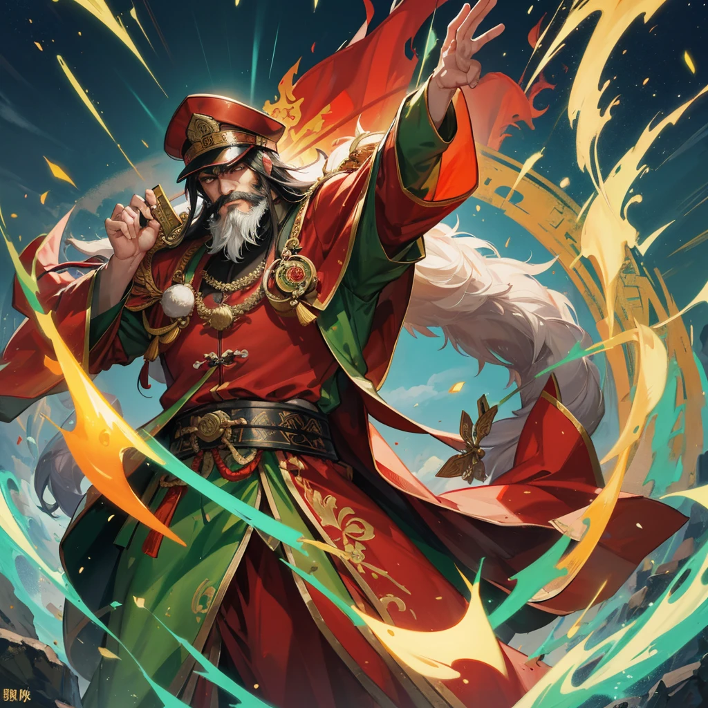 divinity无敌大将军,China,Guan Yu,divinity,myth,Powerful,male,Bearded,Red skin,Light in the eyes,thunder,Green clothes,muscle,Holding a big knife,myth,Gods,divinity无敌