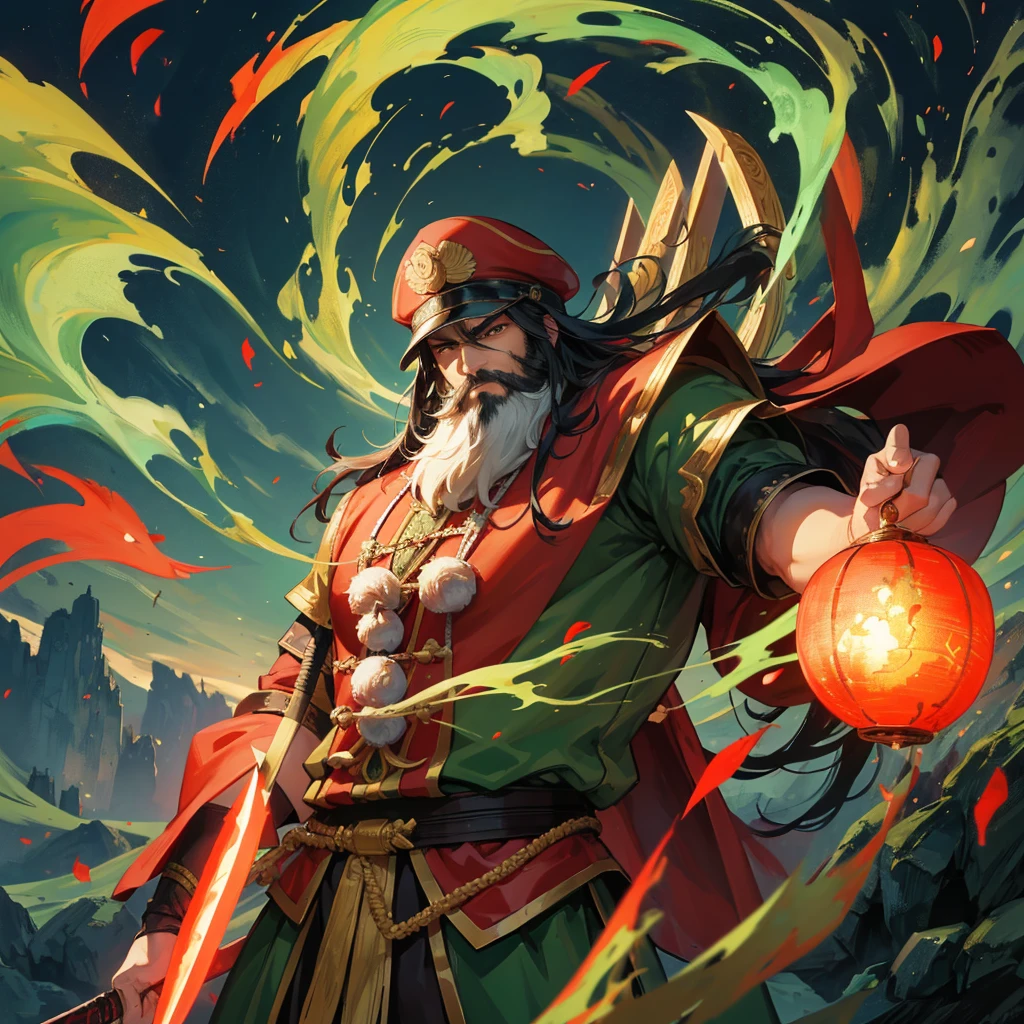 divinity无敌大将军,China,Guan Yu,divinity,myth,Powerful,male,Bearded,Red skin,Light in the eyes,thunder,Green clothes,muscle,Holding a big knife,myth,Gods,divinity无敌
