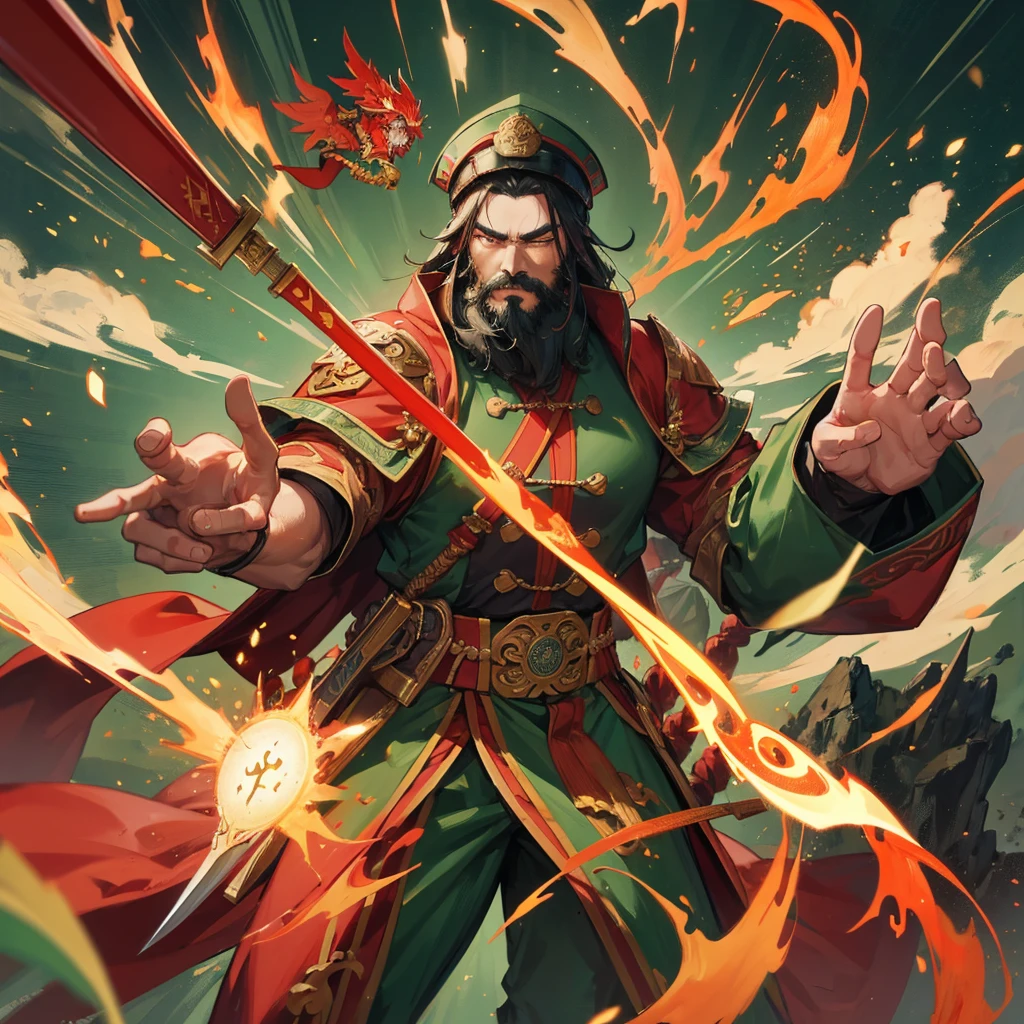 divinity无敌大将军,China,Guan Yu,divinity,myth,Powerful,male,Bearded,Red skin,Light in the eyes,thunder,Green clothes,muscle,Holding a big knife,myth,Gods,divinity无敌