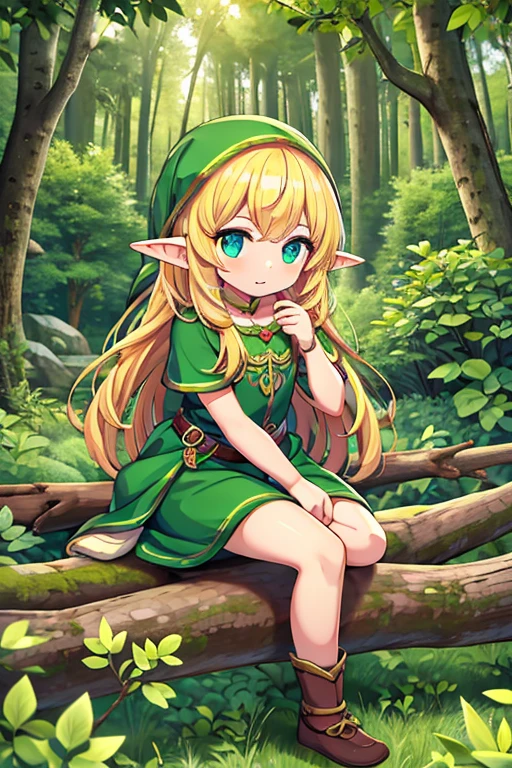 elf girl, blond hair, medium chest, forest background, sitting on log