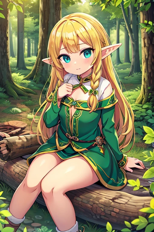 elf girl, blond hair, medium chest, forest background, sitting on log